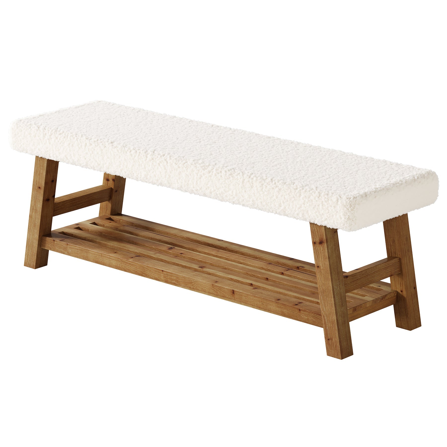 55" Upholstered Dining Bench, 2-Tier Solid Wood Kitchen Table Bench with Cushion