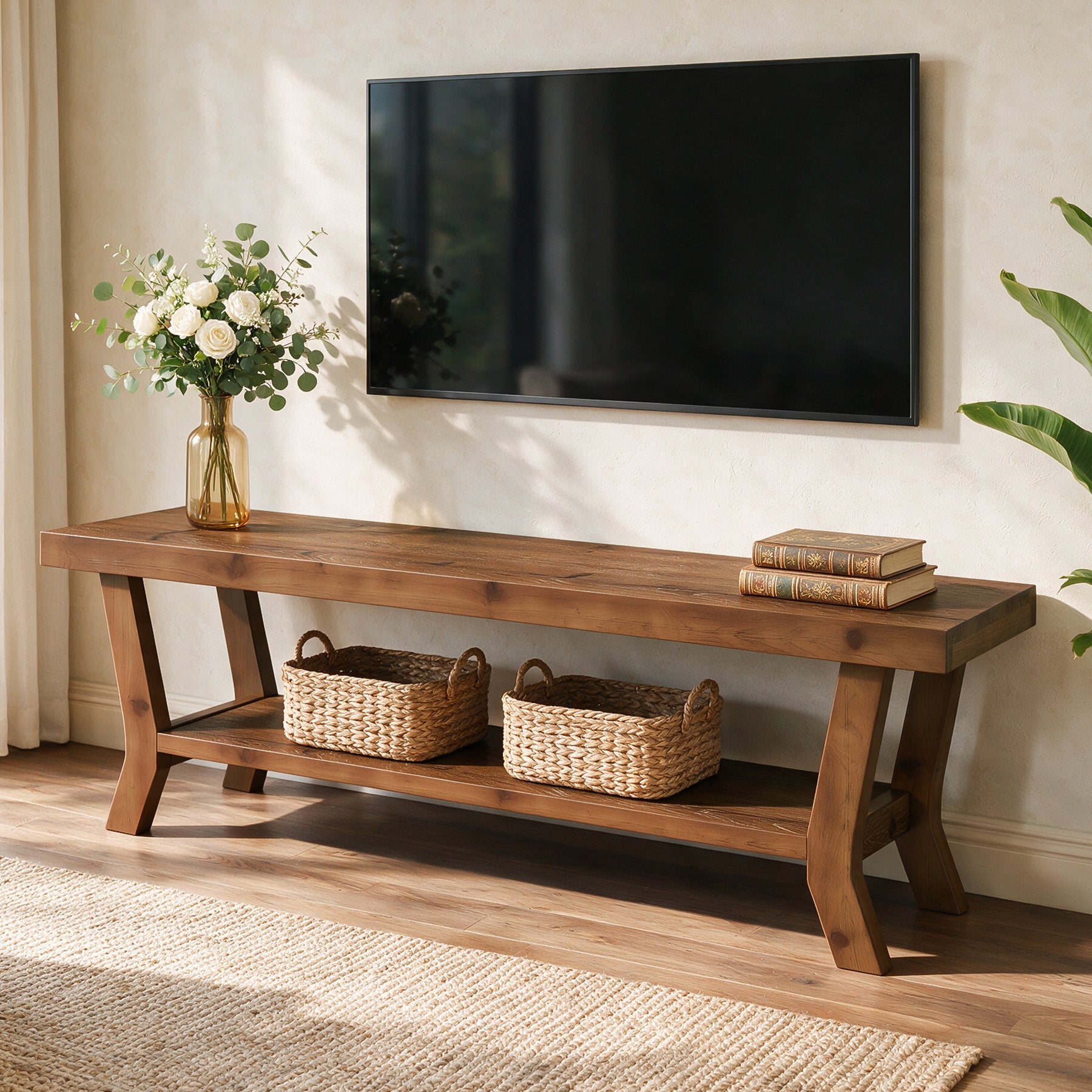 55-Inch Solid Wood TV Stand with Storage Shelf, Low-Profile Console for Living Room