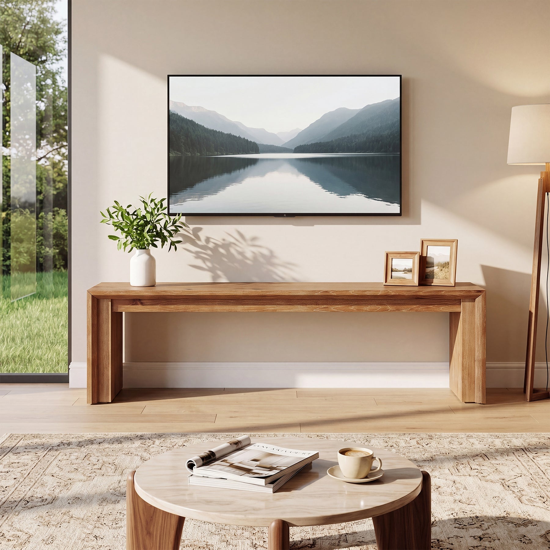 63" Solid Wood TV Stand for 65" TV, Farmhouse  Entertainment Center Low Media Console
