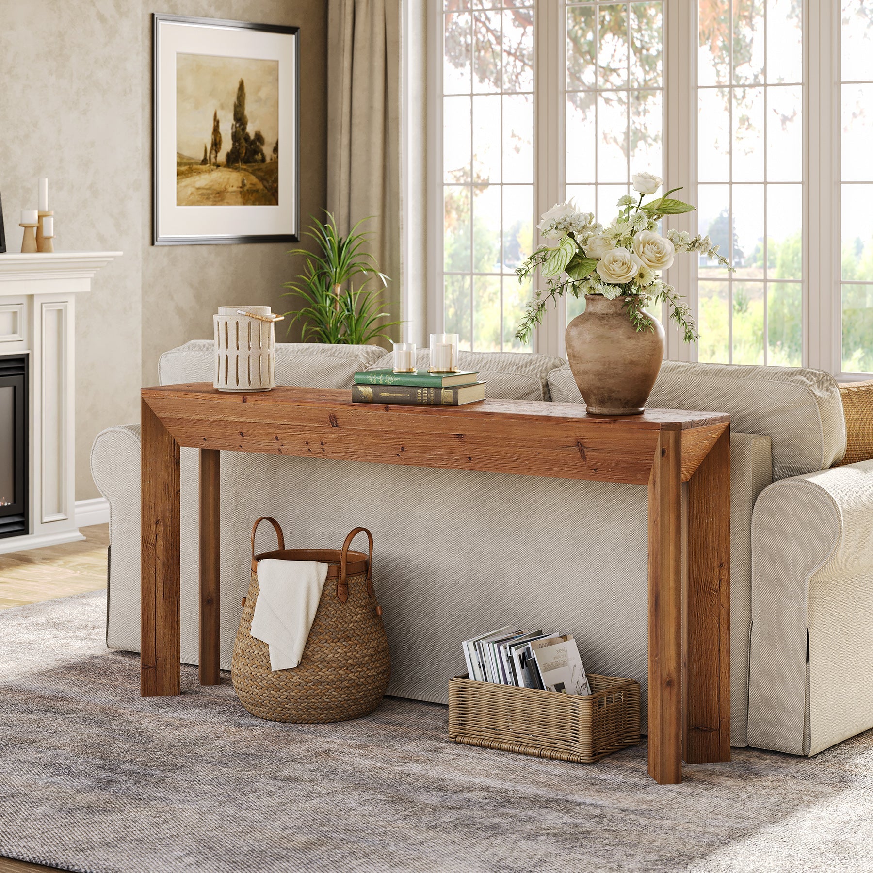 Solid Wood Console Table, 63" Entryway Table with Integrated Splayed Legs