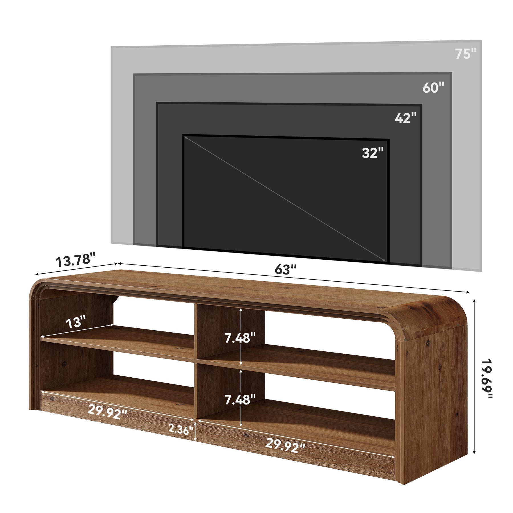 Solid Wood TV Stand, 63" TV Console Table with Storage for 55/60/65/75-Inch TVs