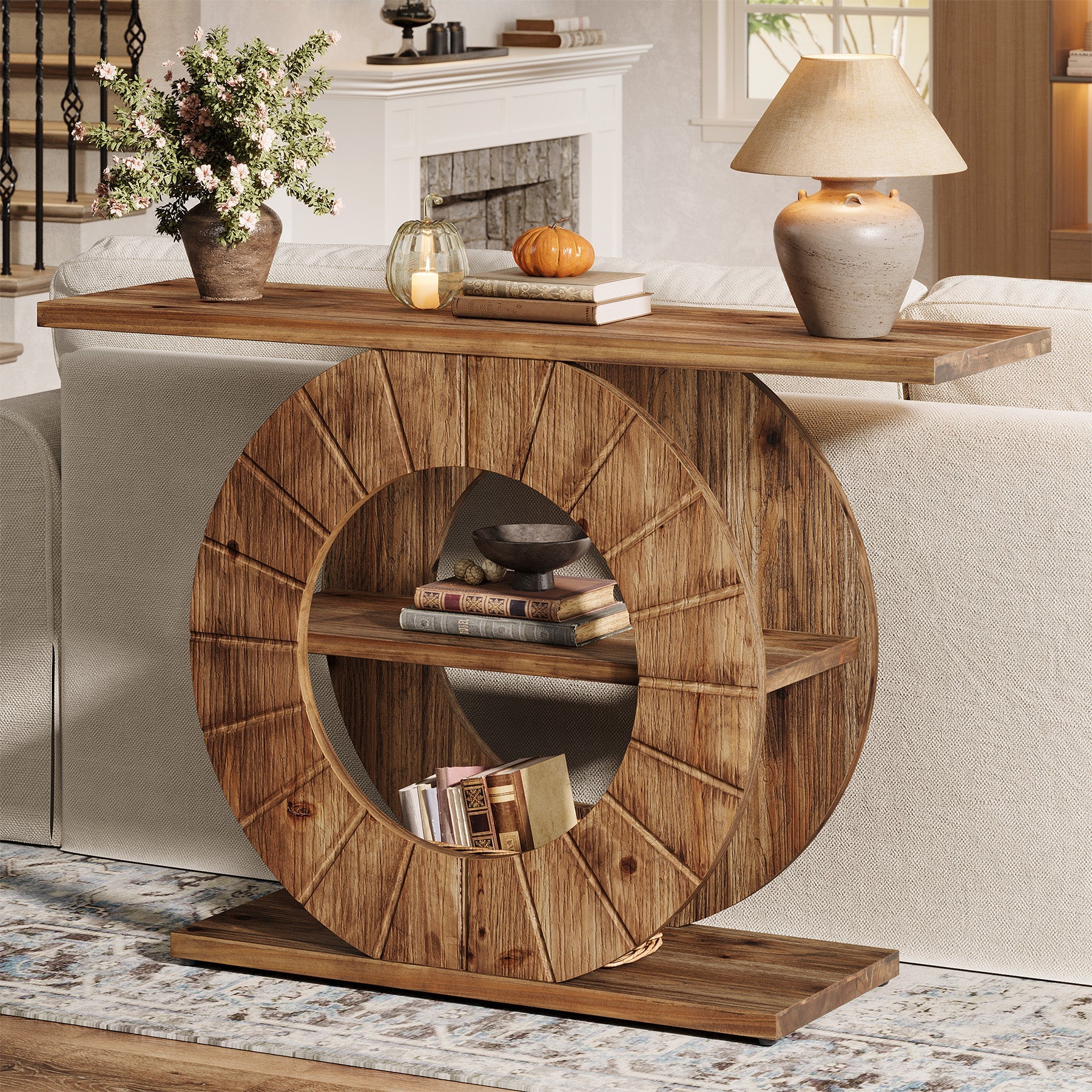 41" Solid Wood Farmhouse Console Table with 3-Tier Shelves, Narrow Sofa Table with Carved Circular Base