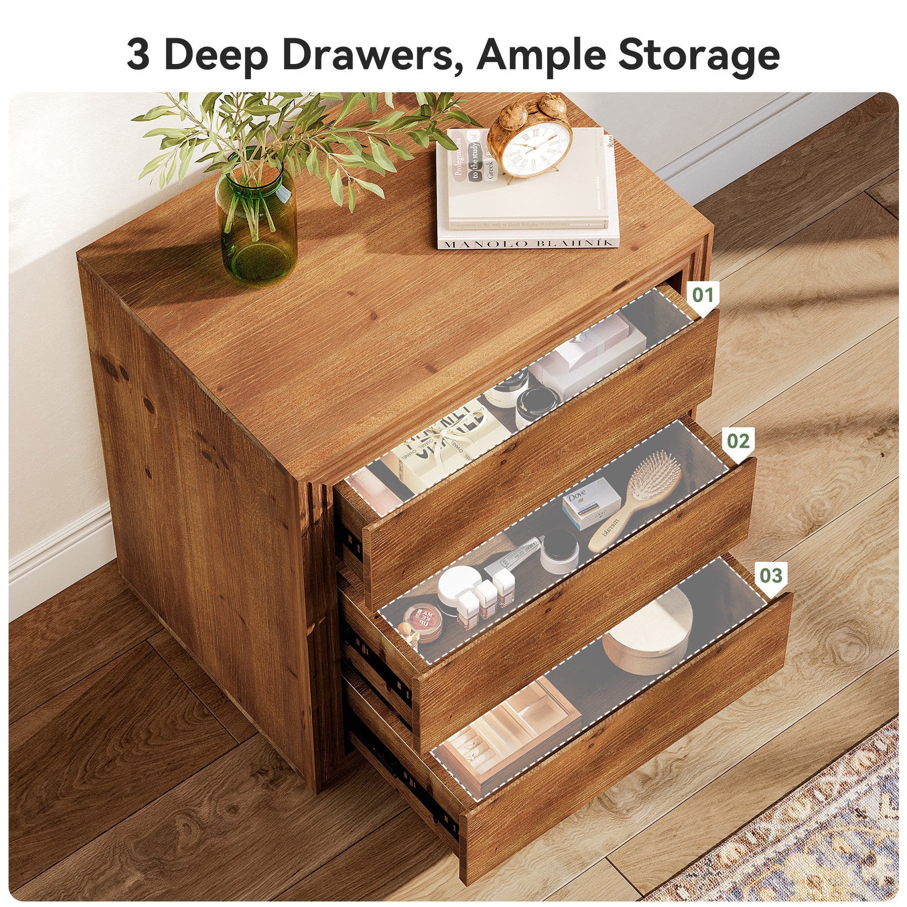 Tribesigns 23.62" Solid Wood End Table with 3 Drawers