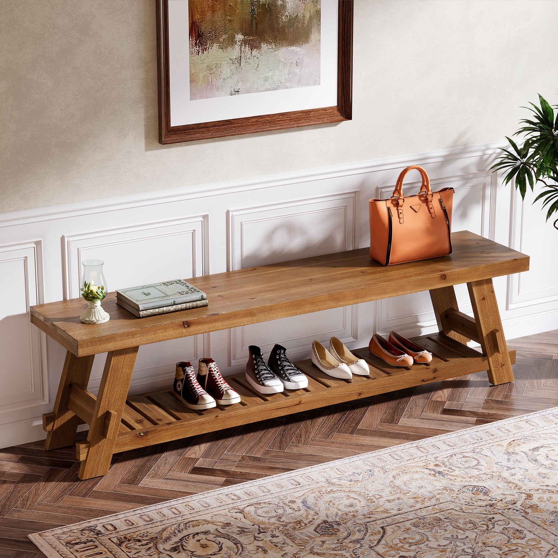 63" Solid Wood Shoe Bench - Thumbnail 5