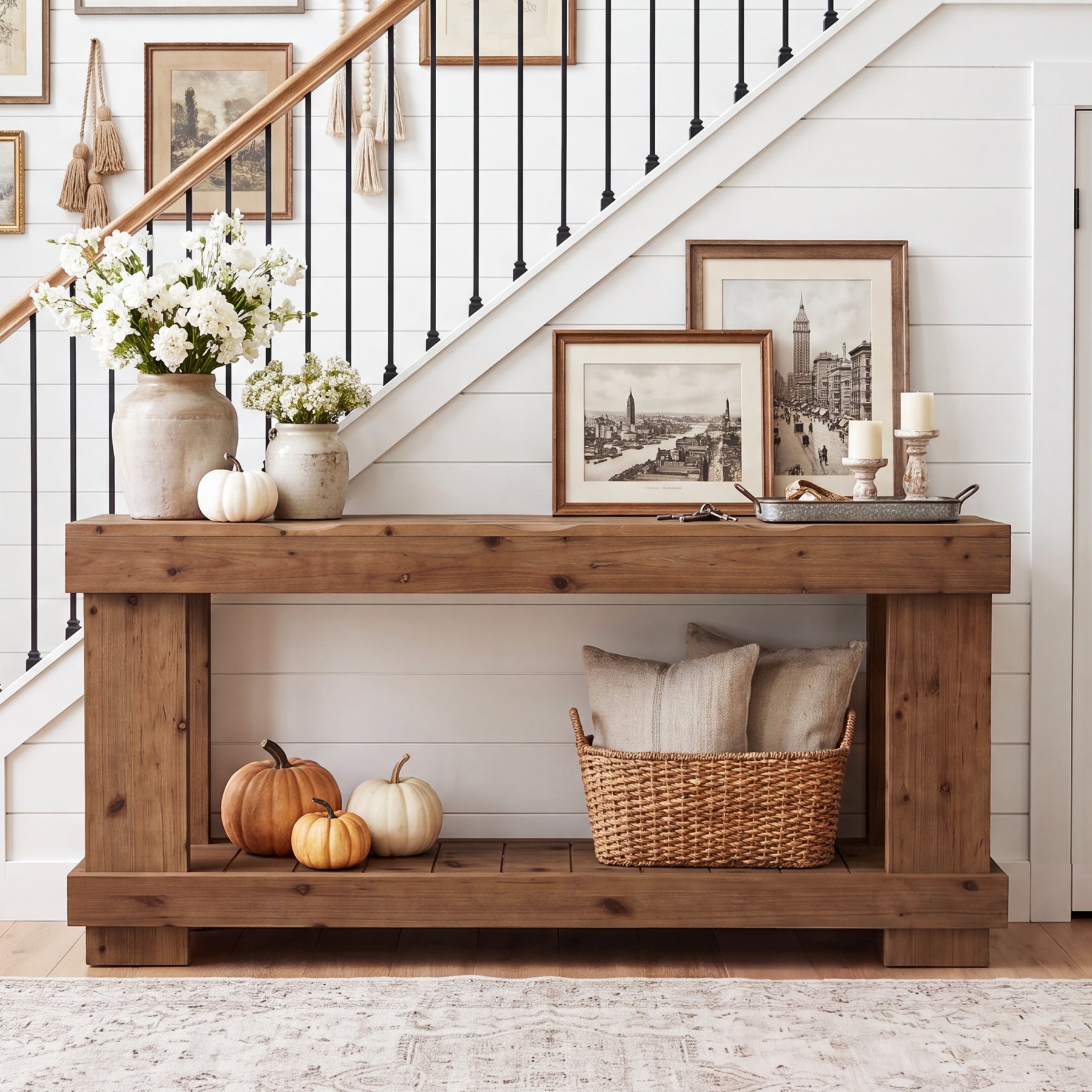 70.87" Solid Wood Console Table, 2-Tier Farmhouse Entryway Table Sofa Table Behind Couch