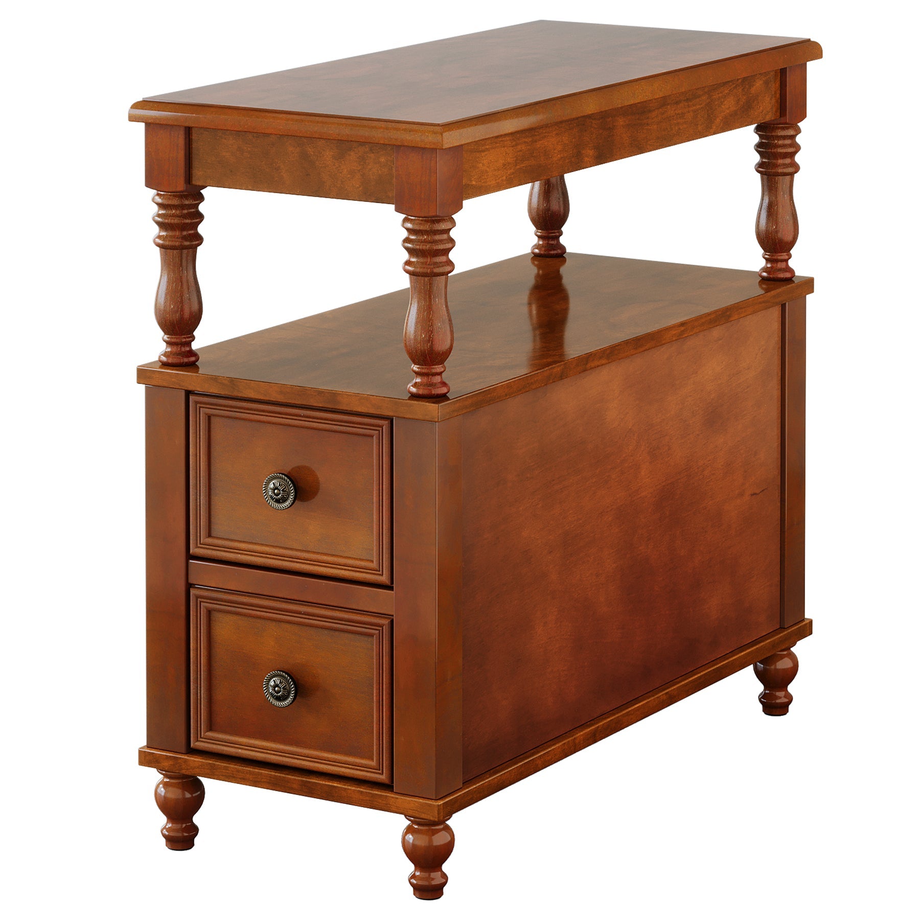 23.6" End Table, Solid Wood Accent Nightstand Bedside Table with Double Drawer