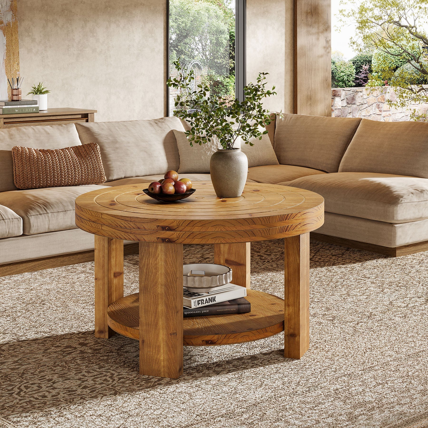 Round Solid Wood Coffee Table, 31.5" Center Table with 2-Tier Storage