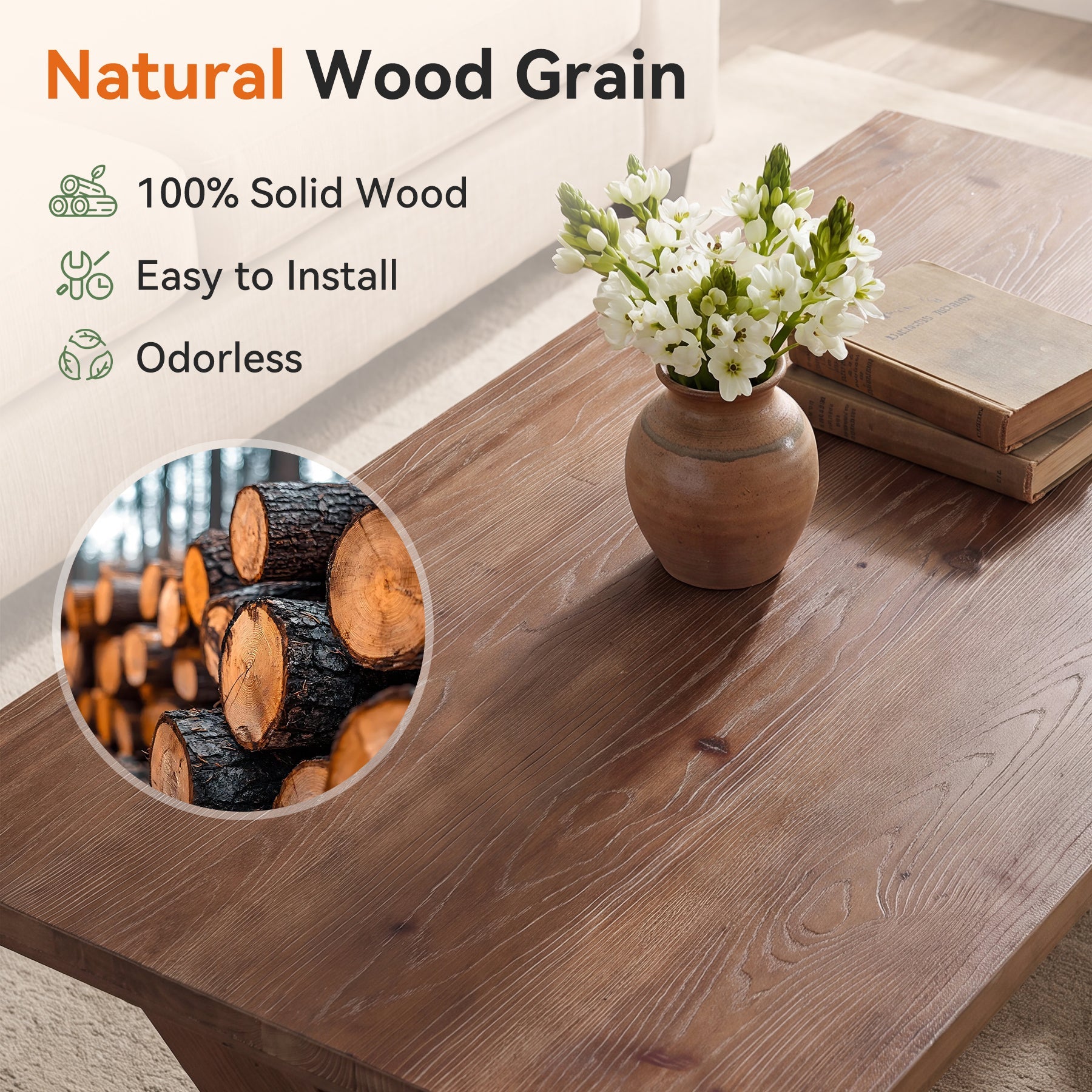 47" Solid Wood Coffee Table, Rectangular Cocktail Tea Table with X-shaped Legs for Living Room