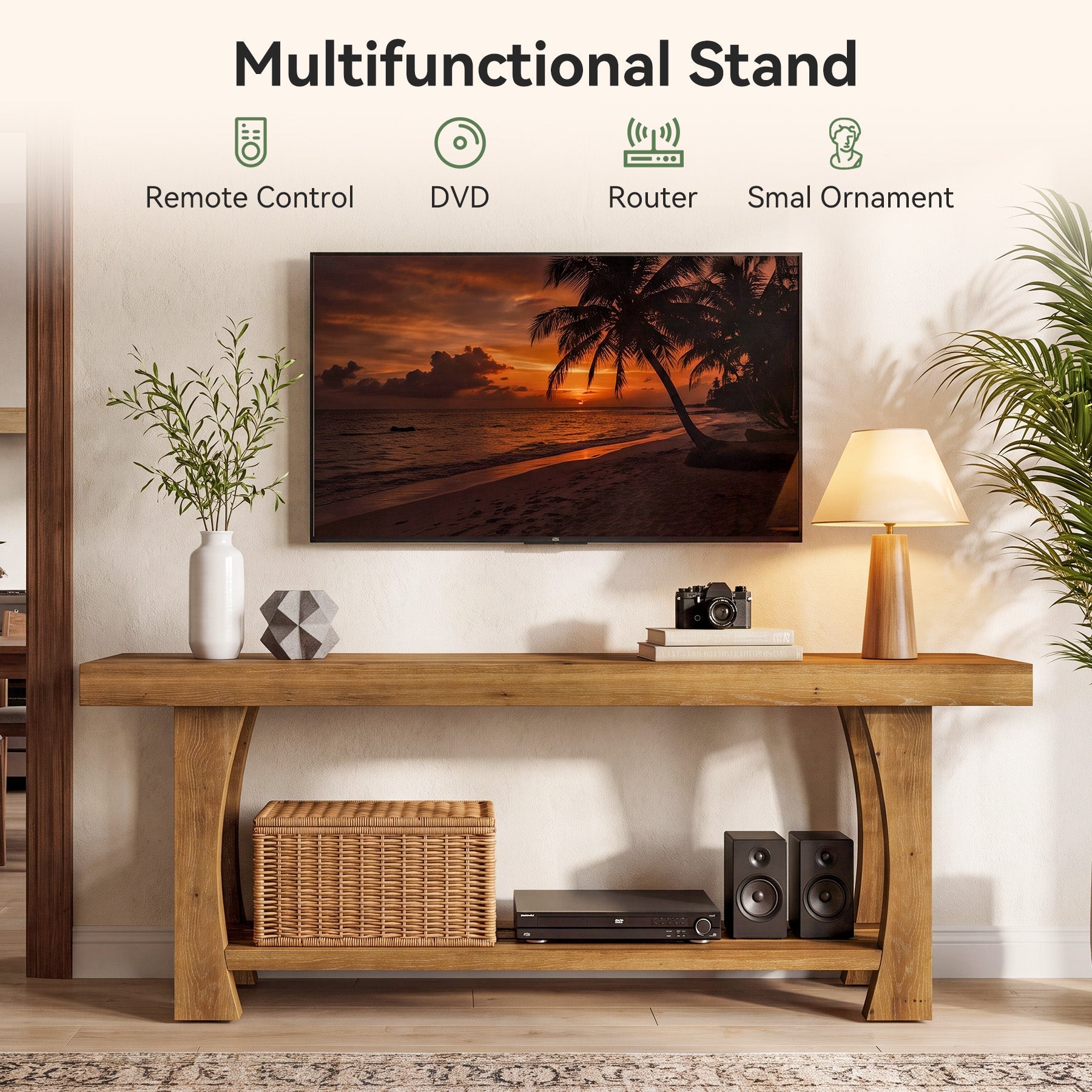 Solid Wood TV Stand, Farmhouse Media Console Table with 2-Tier Open Shelves