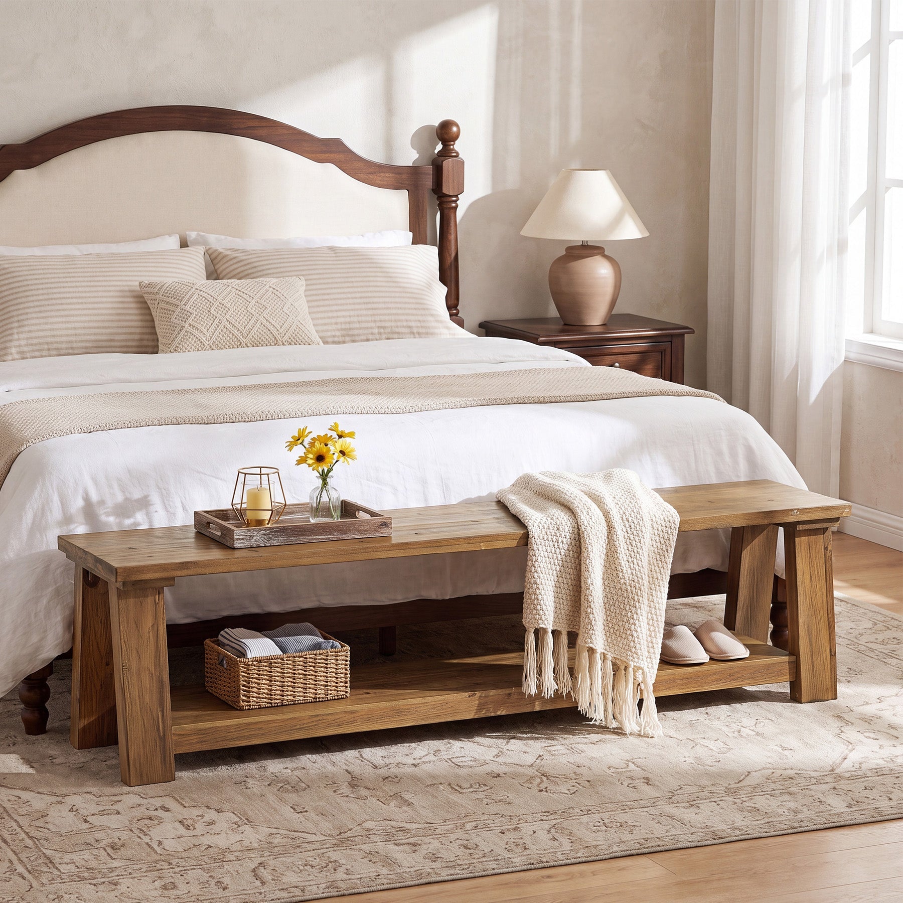 70.87" Solid Wood Entryway Bench, 2-Tier Shoe Bench with Storage Shelf for Hallway