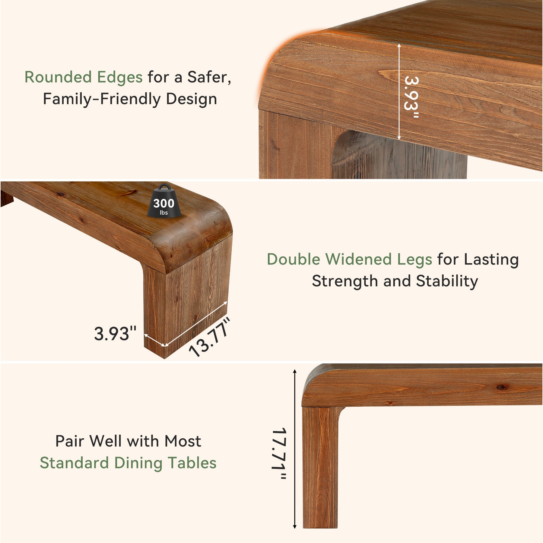 55" Modern Dining Bench, Solid Wood Entryway Bench with Thick Block Seat