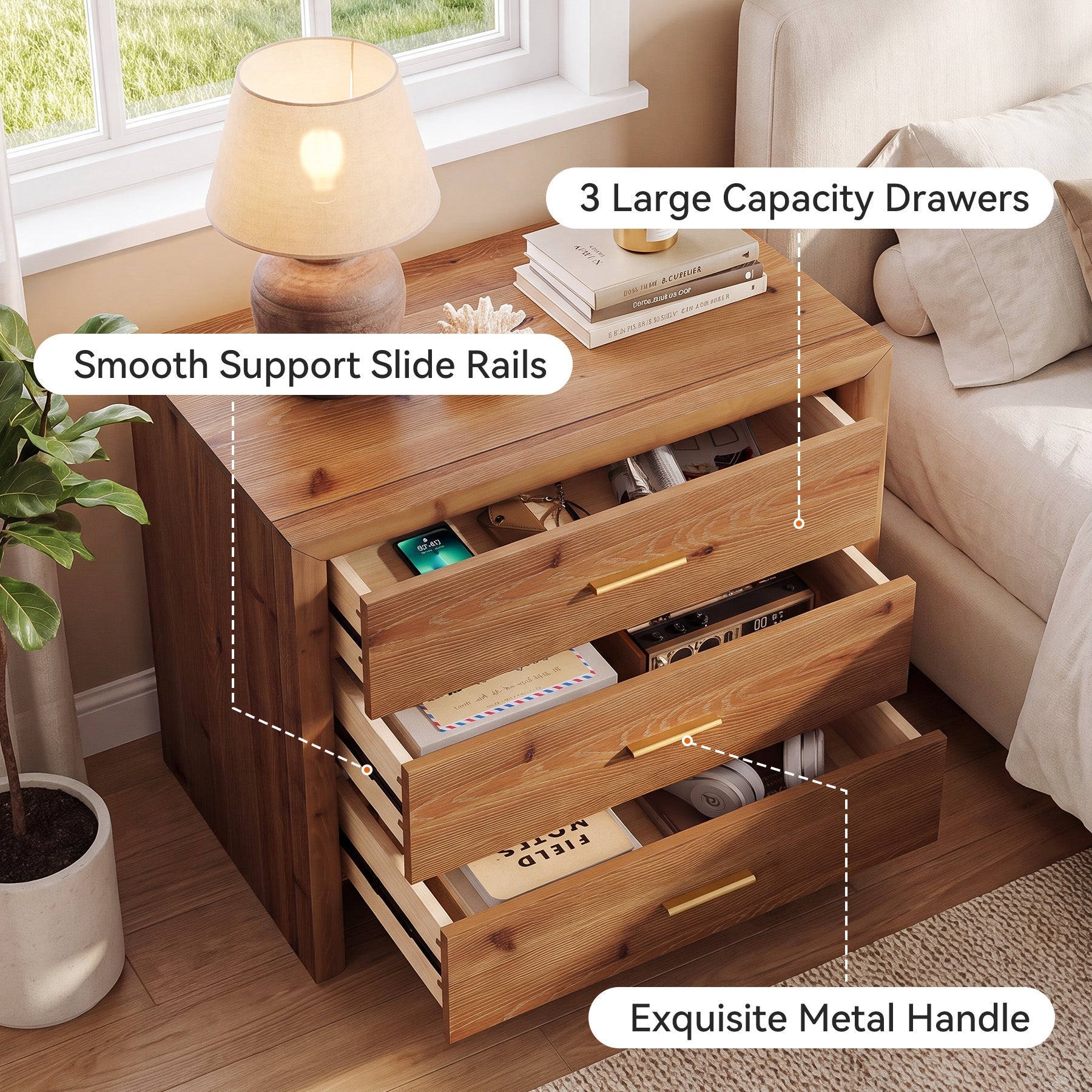 Solid Wood Nightstand with 3 Drawers, 31.5" Oversized Bedside Table for Bedroom