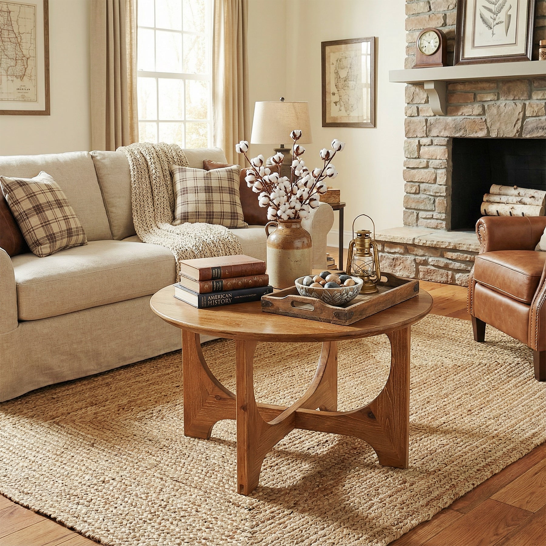 Solid Wood Coffee Table, 31.5" Round Center Table for Living Room