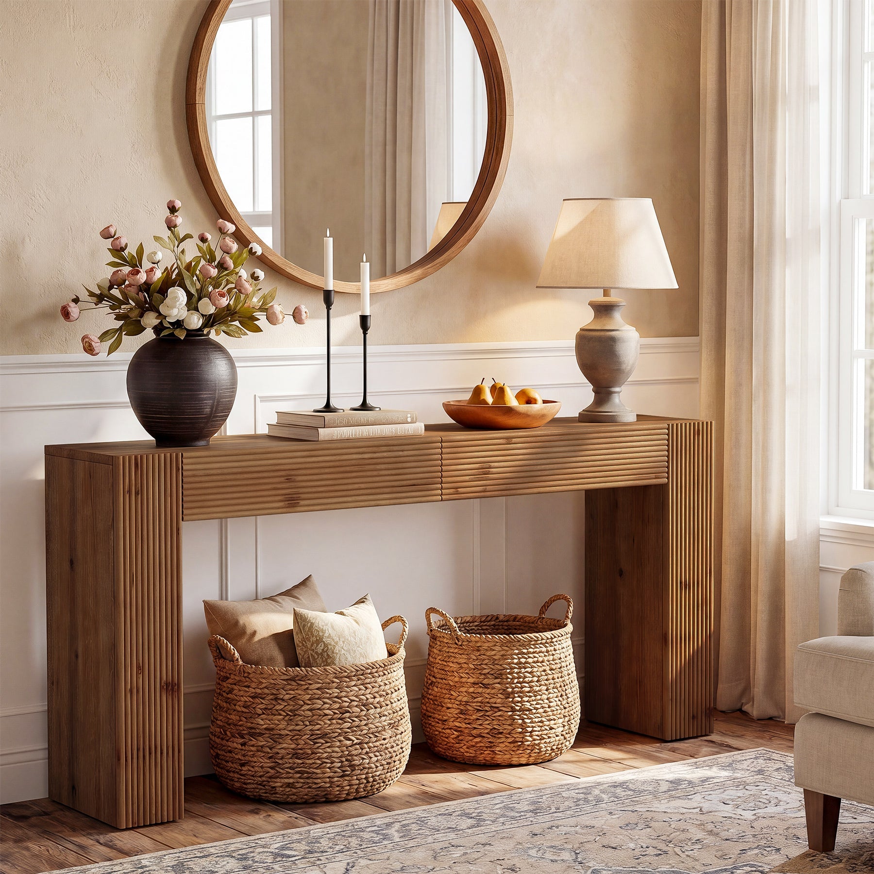 63" Solid Wood Console Table with 2 Drawers, Fluted Entryway Sofa Table for Hallway, Foyer