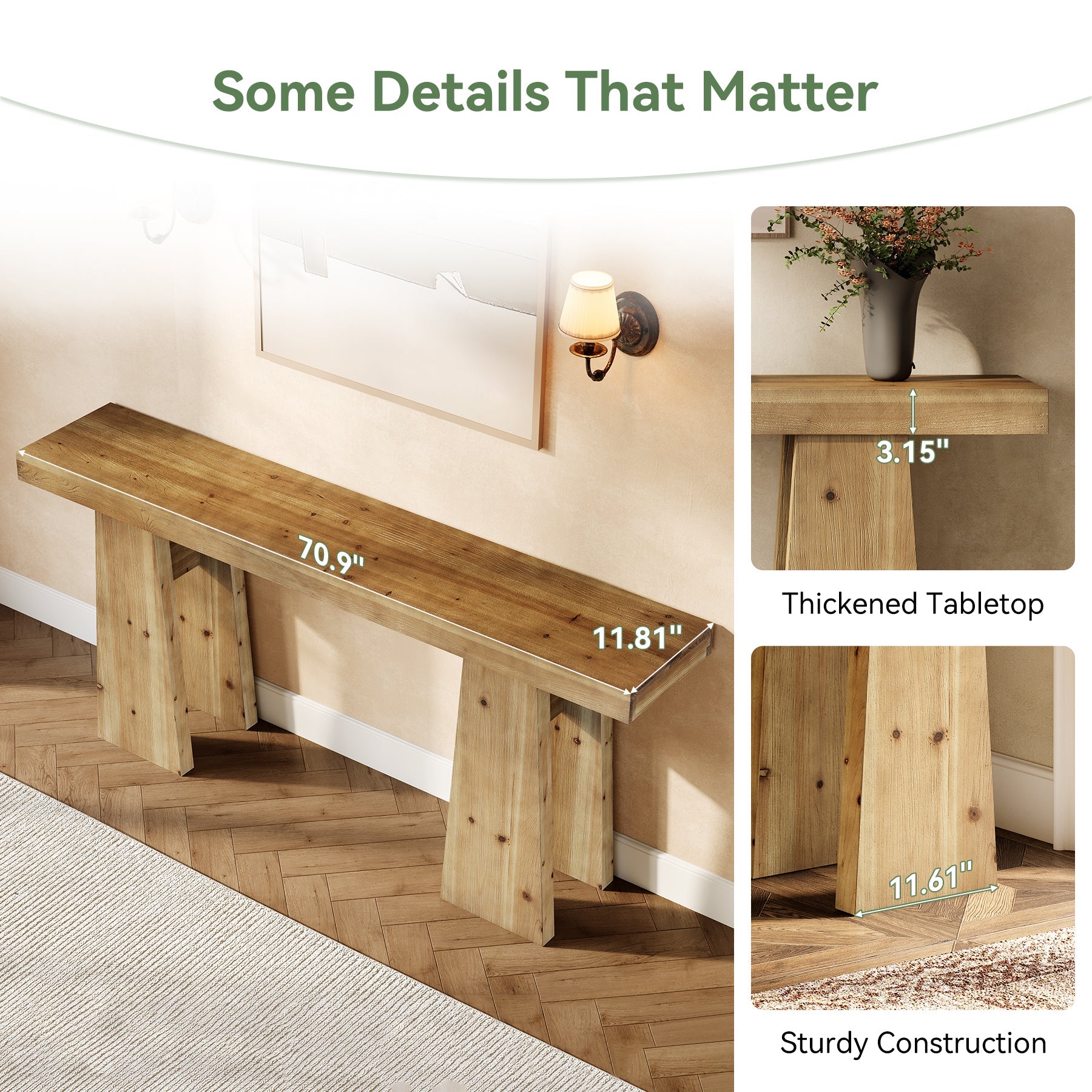 70.9" Solid Wood Console Table, Long Sofa Table with Reinforced Frame