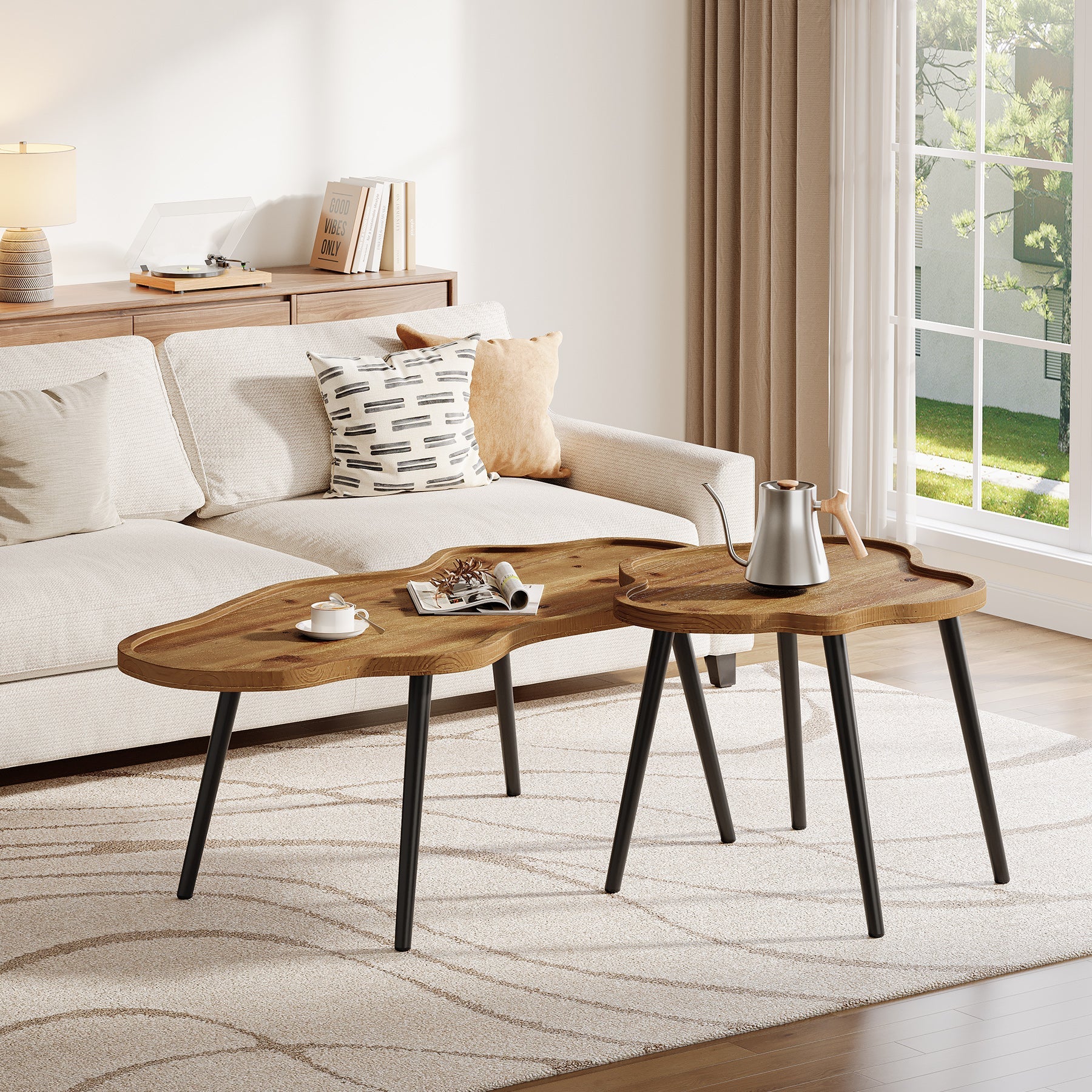 Tribesigns Nesting Coffee Table Set of 2, Solid Wood with Cloud Tabletop