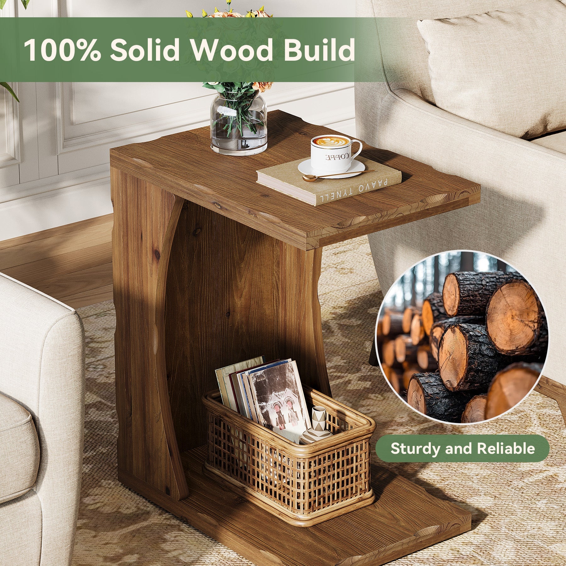 C-Shaped End Table, Solid Wood Narrow Side Table with Storage Shelf