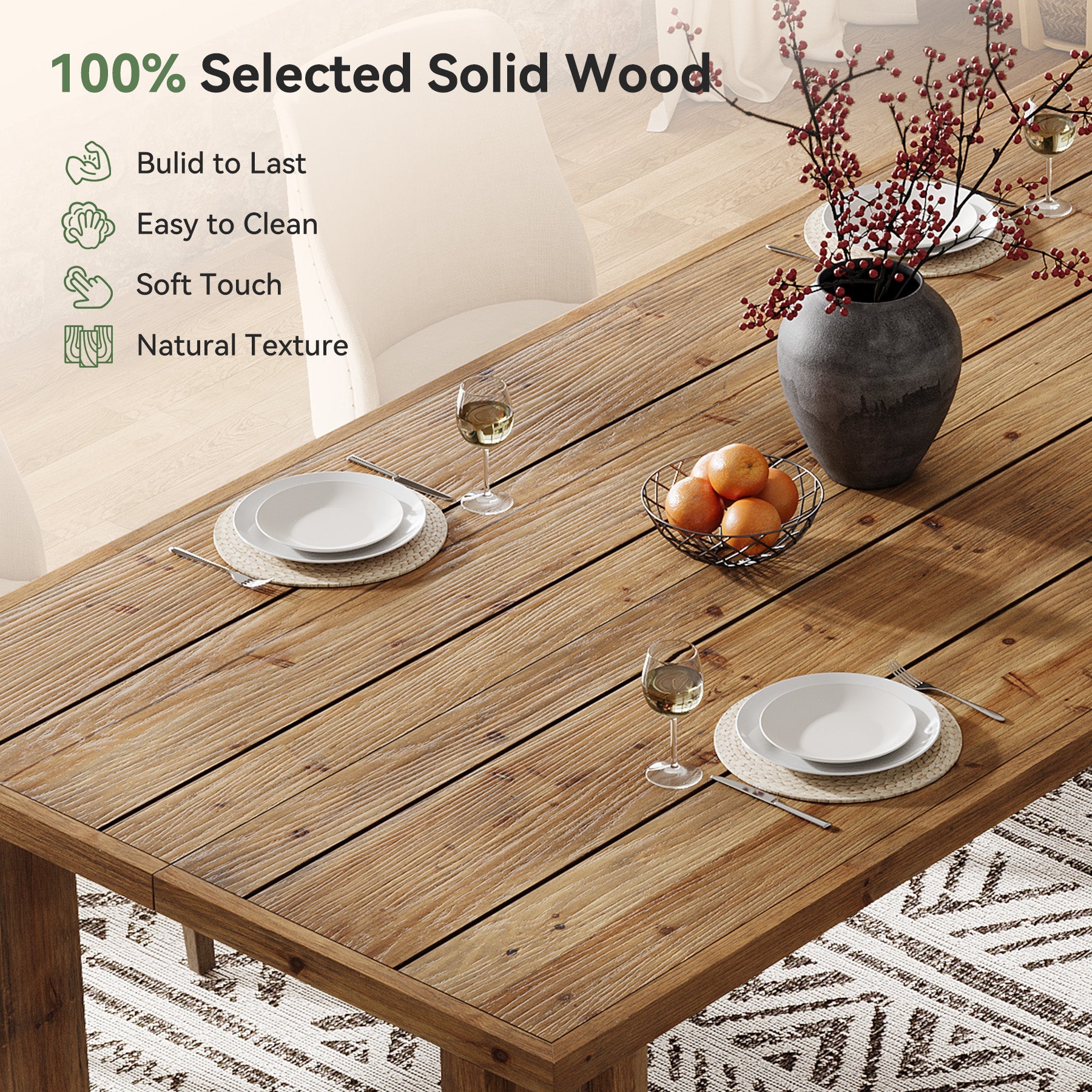 63" Solid Wood Dining Table for 4-6, Rectangular Kitchen Table with Sturdy Legs