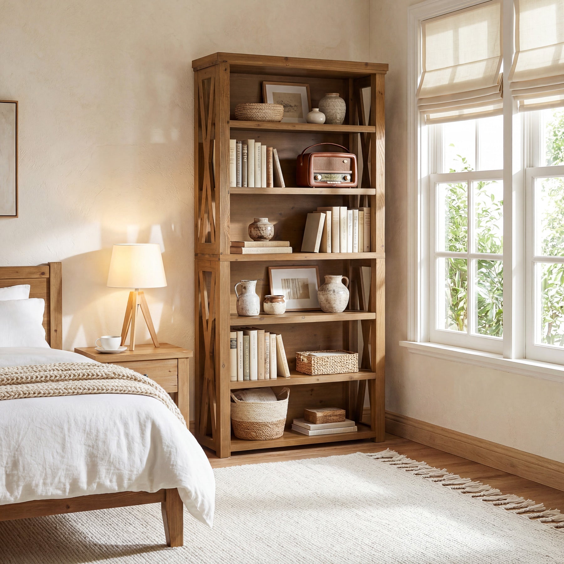 72" Tall Bookshelf, 6-Tier Solid Wood Bookcase with Open Shelves
