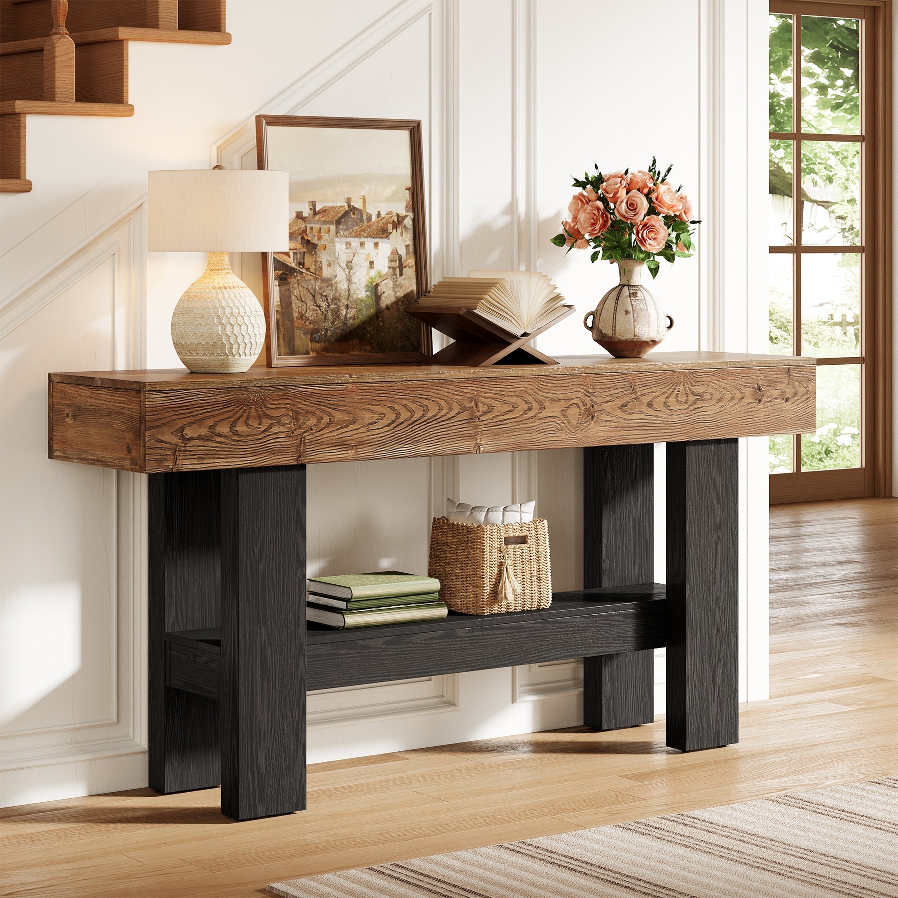 63" Solid Wood Console Table, Narrow Sofa Table with Storage Shelf