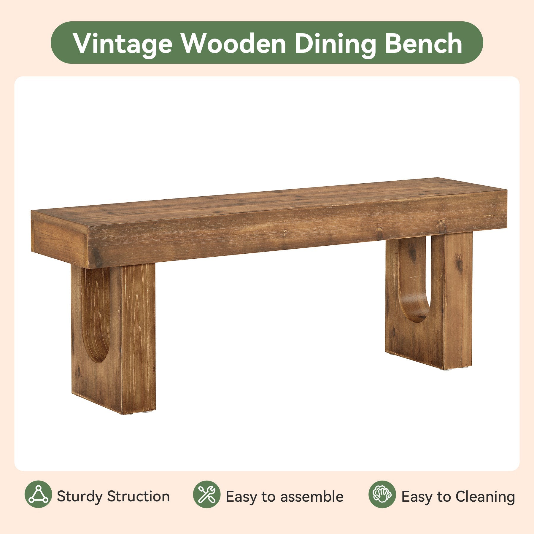 47" Wood Dining Bench, Farmhouse Kitchen Table Bench with Sturdy Legs