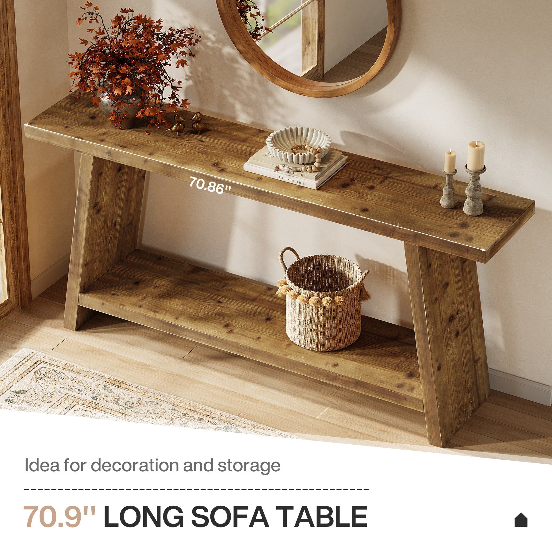 Solid Wood Console Table, 70.9" Sofa Table Behind Couch with 2-Tier Storage