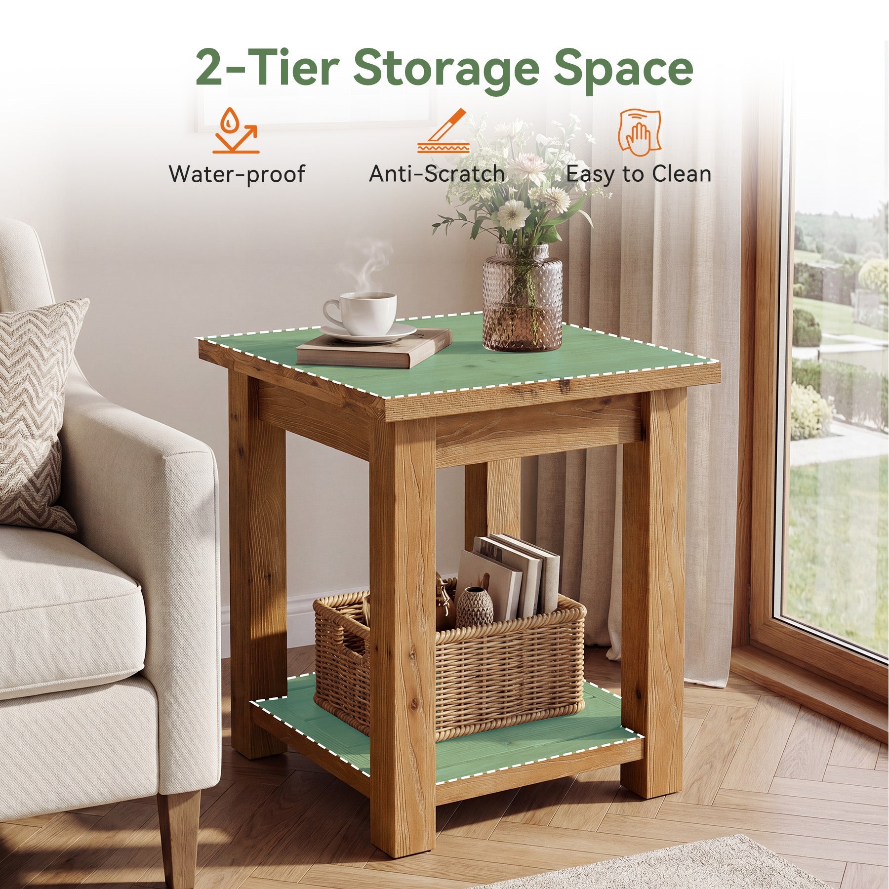 19.7" Solid Wood End Table, Square Side Table with Storage Shelves for Living Room