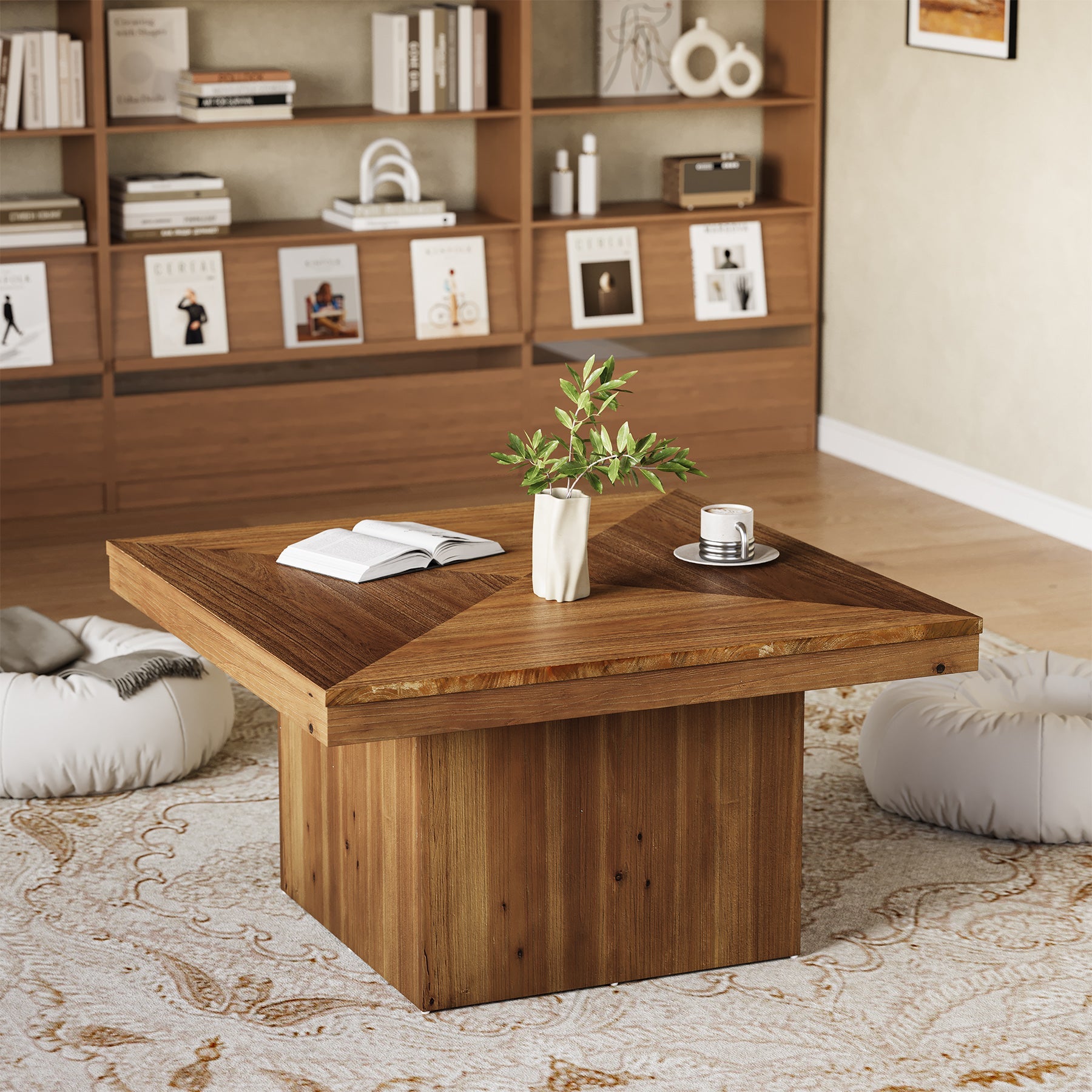35.4" Wood Coffee Table, Modern Square Center Cocktail Table
