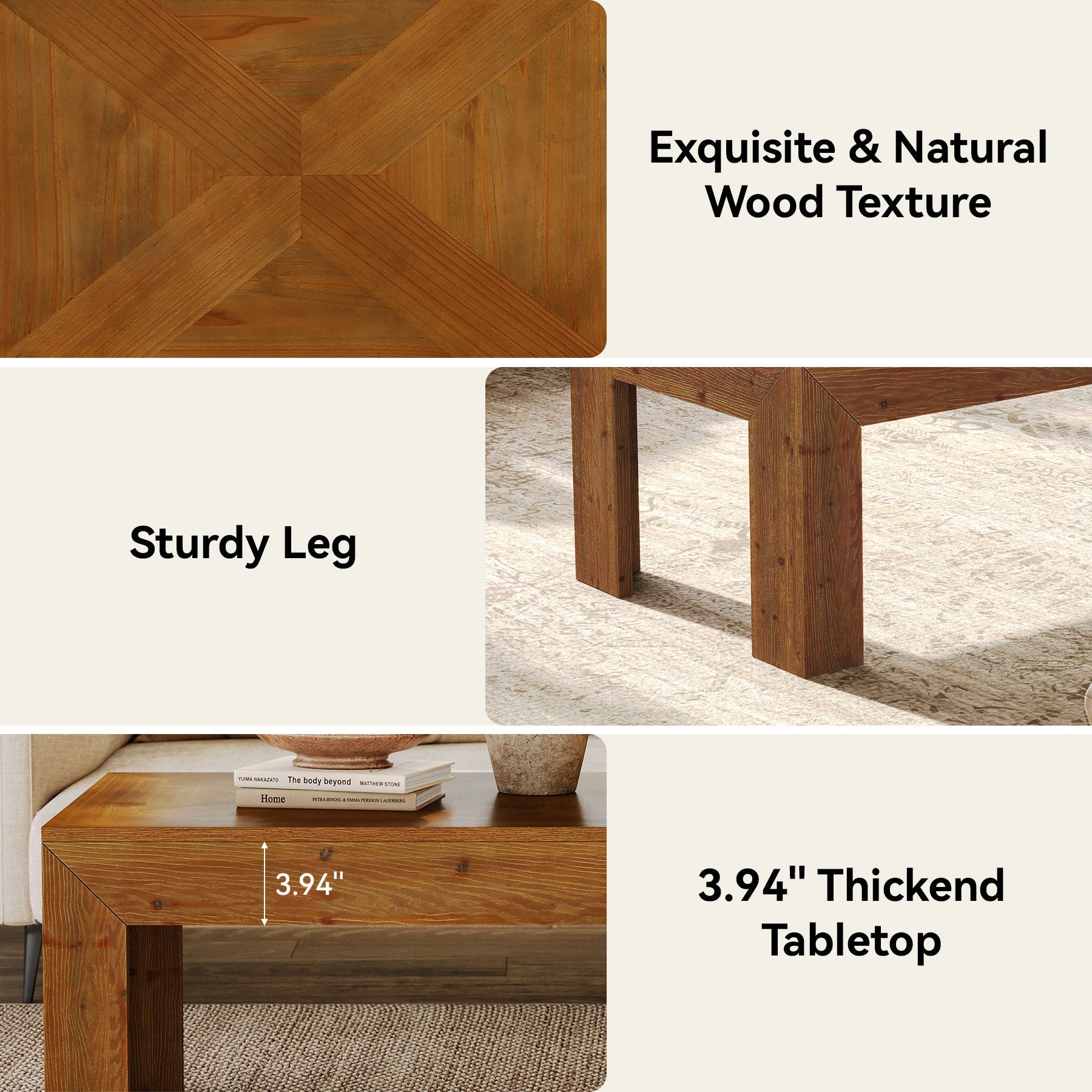 47" Solid Wood Coffee Table, Rectangular Center Cocktail Table