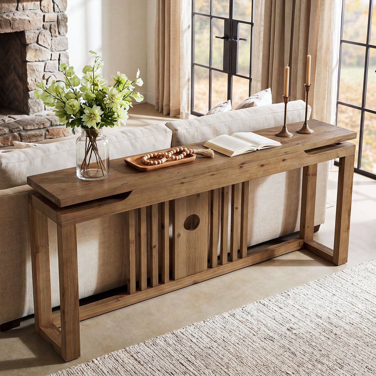 63" Solid Wood Console Table for Entryway, Farmhouse Sofa Table with Slatted Hollow Layered Design
