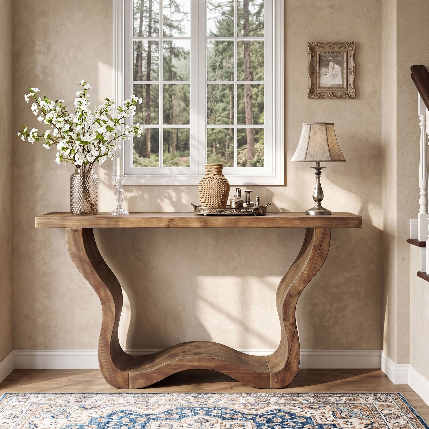 55" Solid Wood Farmhouse Console Table, Artistic Entryway Sofa Table for Hallway & Living Room