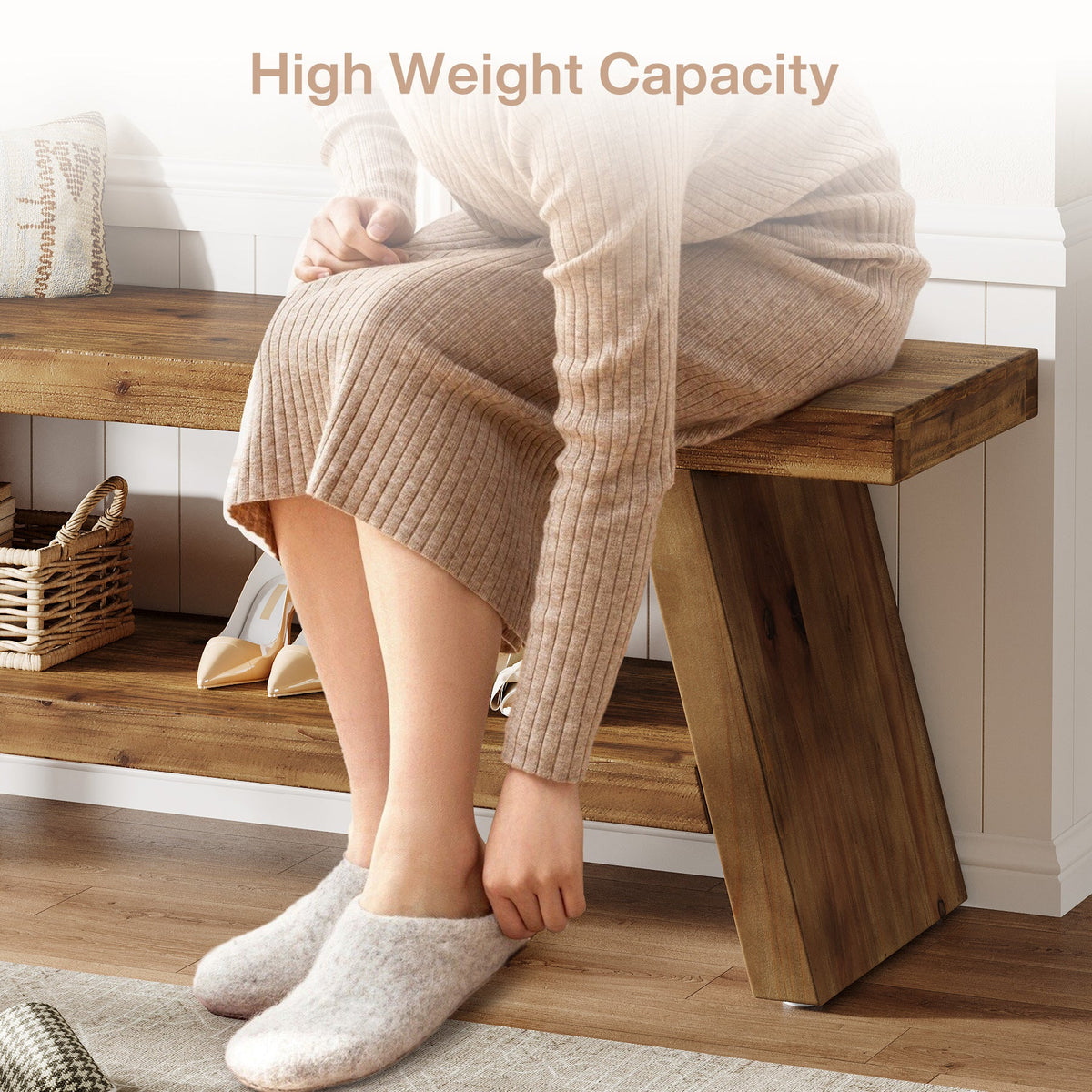 2 - Tier Entryway Bench, Solid Wood Shoe Bench with Open Shelves Tribesigns