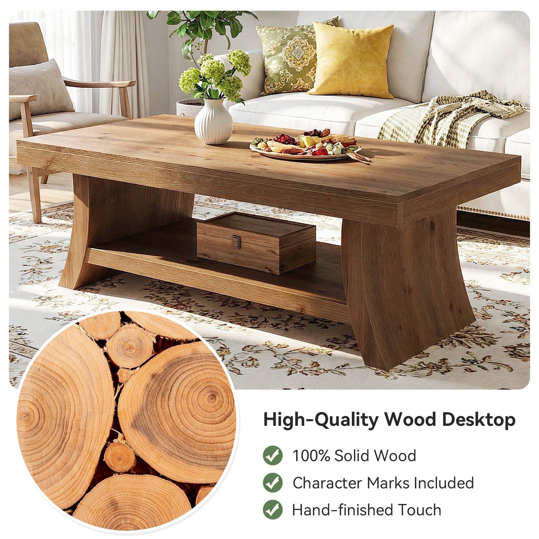 Solid Wood Coffee Table with Storage Shelf, 47.2" Center Table with Curved Base