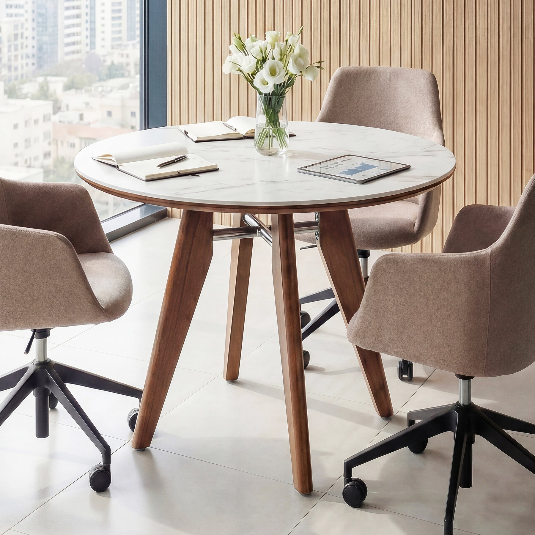 31" Conference Table, Solid Wood Meeting Room Table with Sintered Stone Tabletop