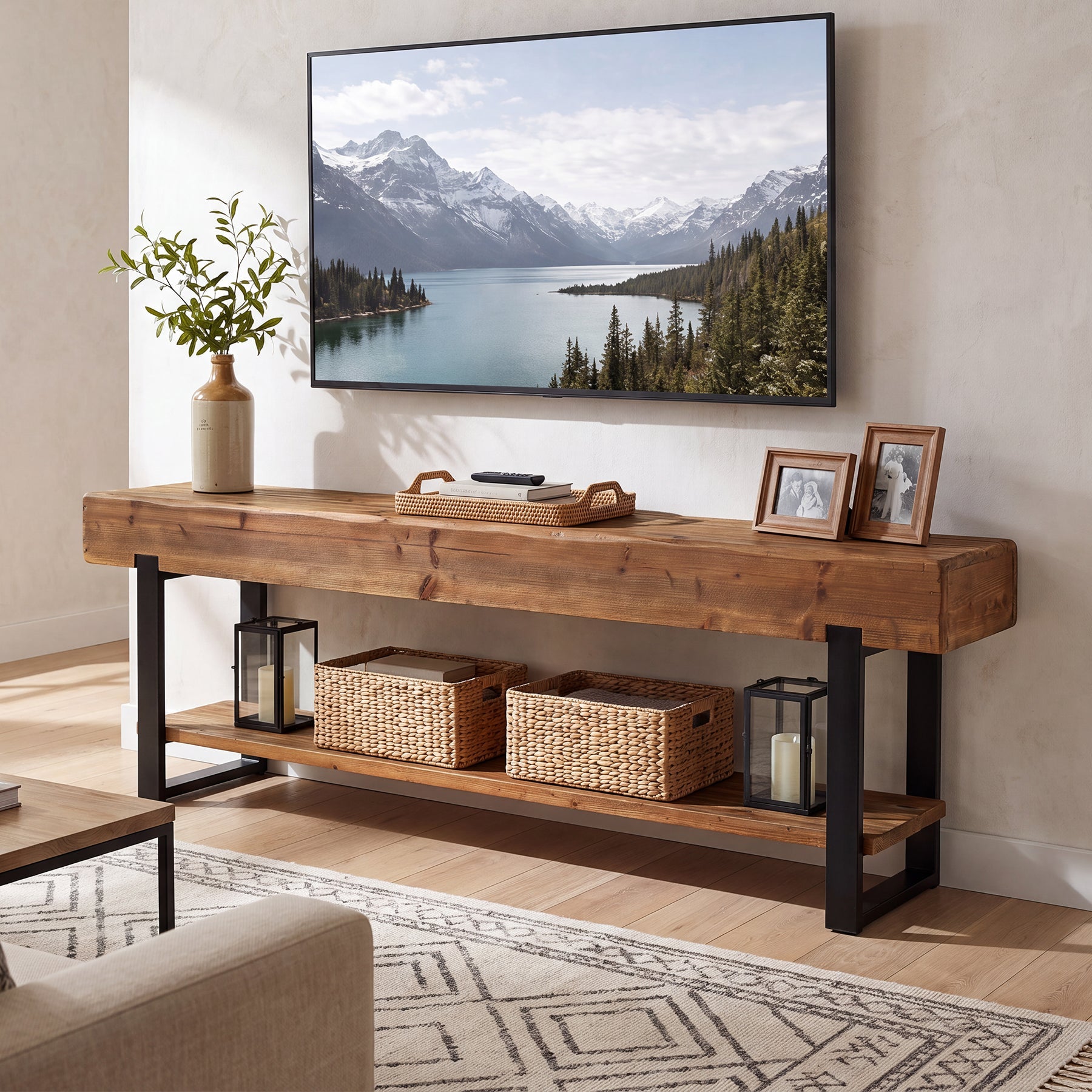 63" Solid Wood TV Stand for 55-75" TVs, 2-Tier Entertainment Center with Metal Frame