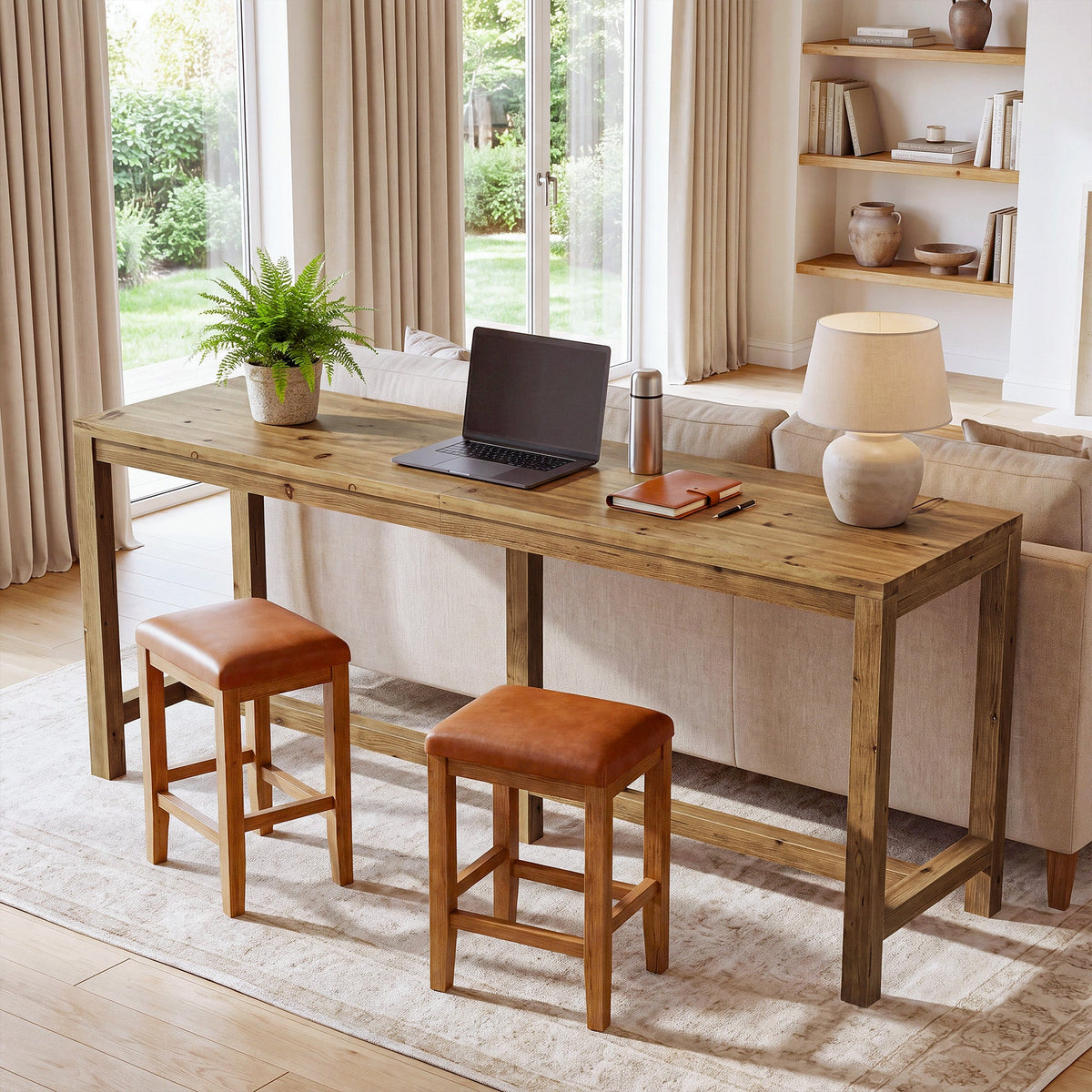 70.9" Solid Wood Bar Table for 6-8 People, Narrow Counter Height Pub Table with Footrest