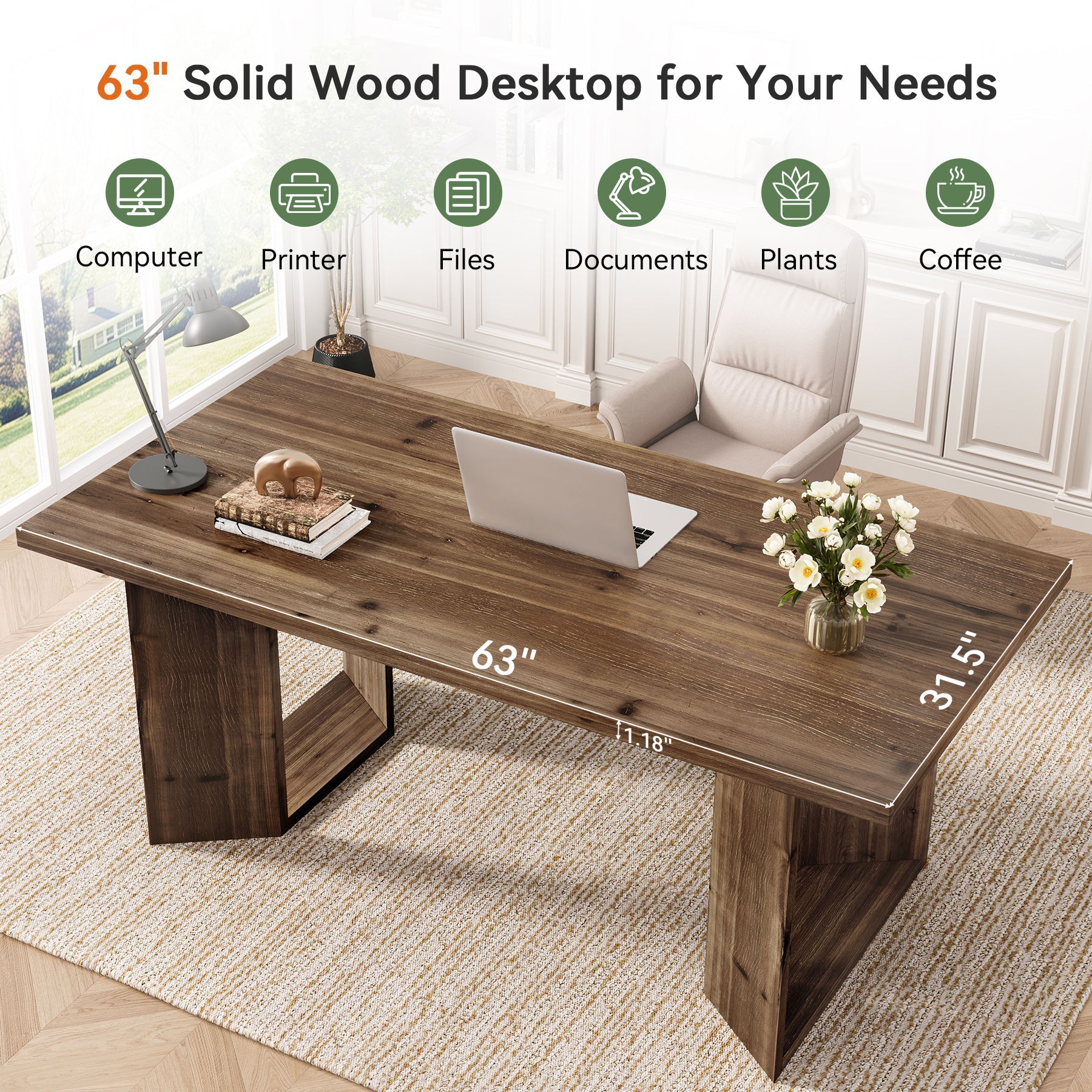 63" Solid Wood Executive Desk, Rectangular Office Computer Desk with U-Shaped Frames