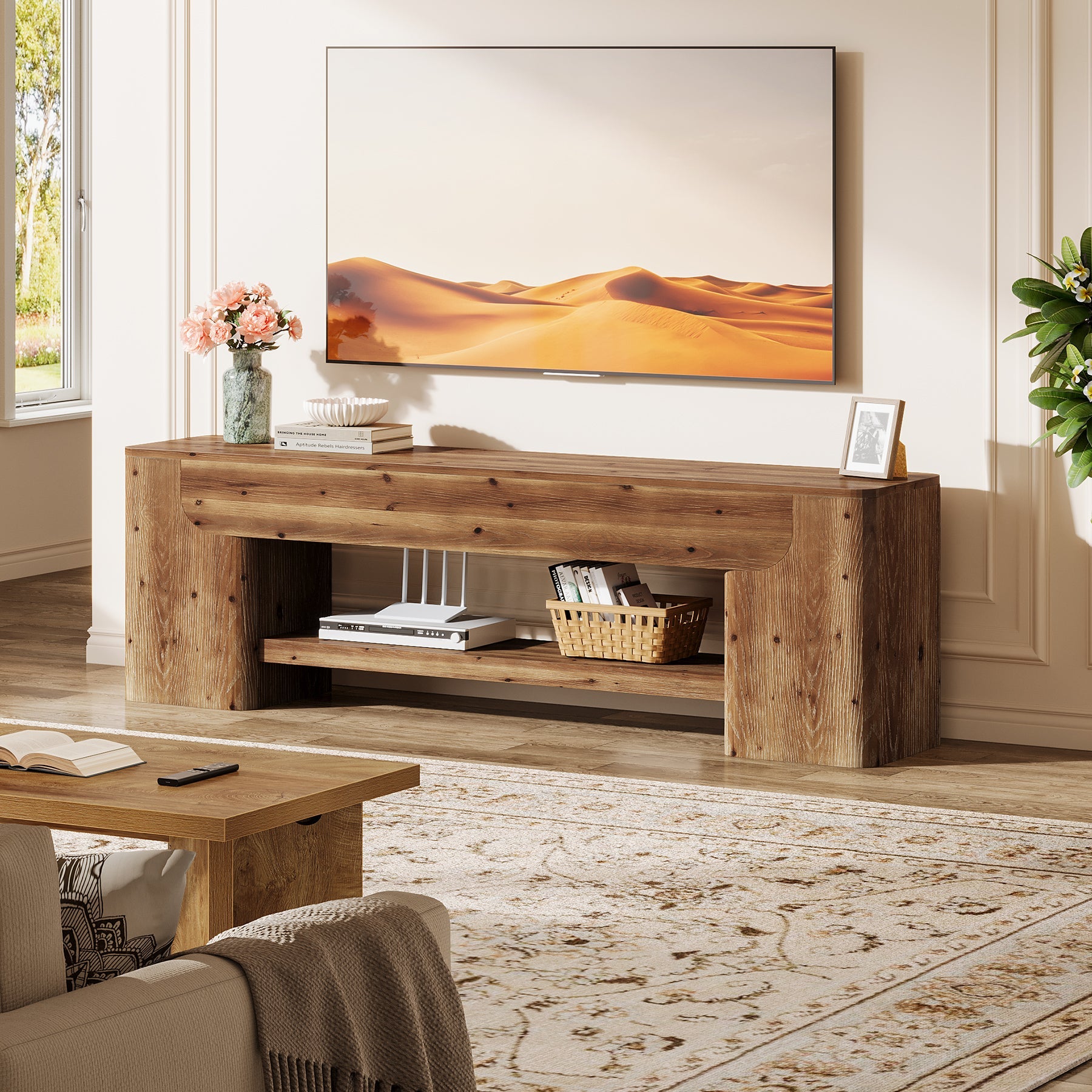 63" Solid Wood TV Stand for Up to 75" TVs, Farmhouse Entertainment Center with Open Shelf Storage for Living Room or Bedroom