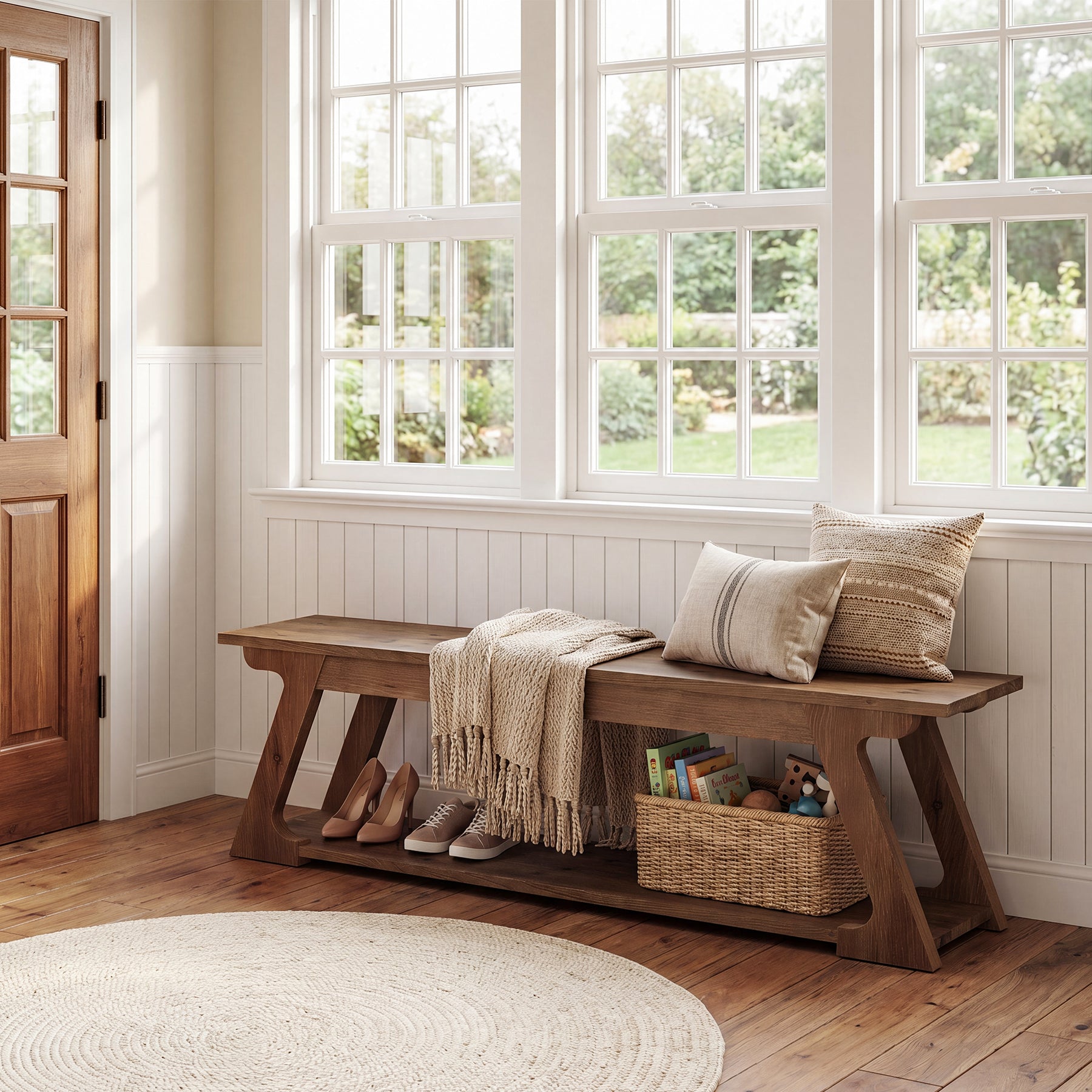 59" Solid Wood Entryway Bench, End of Bed Bench with Trapezoidal-Shaped Leg