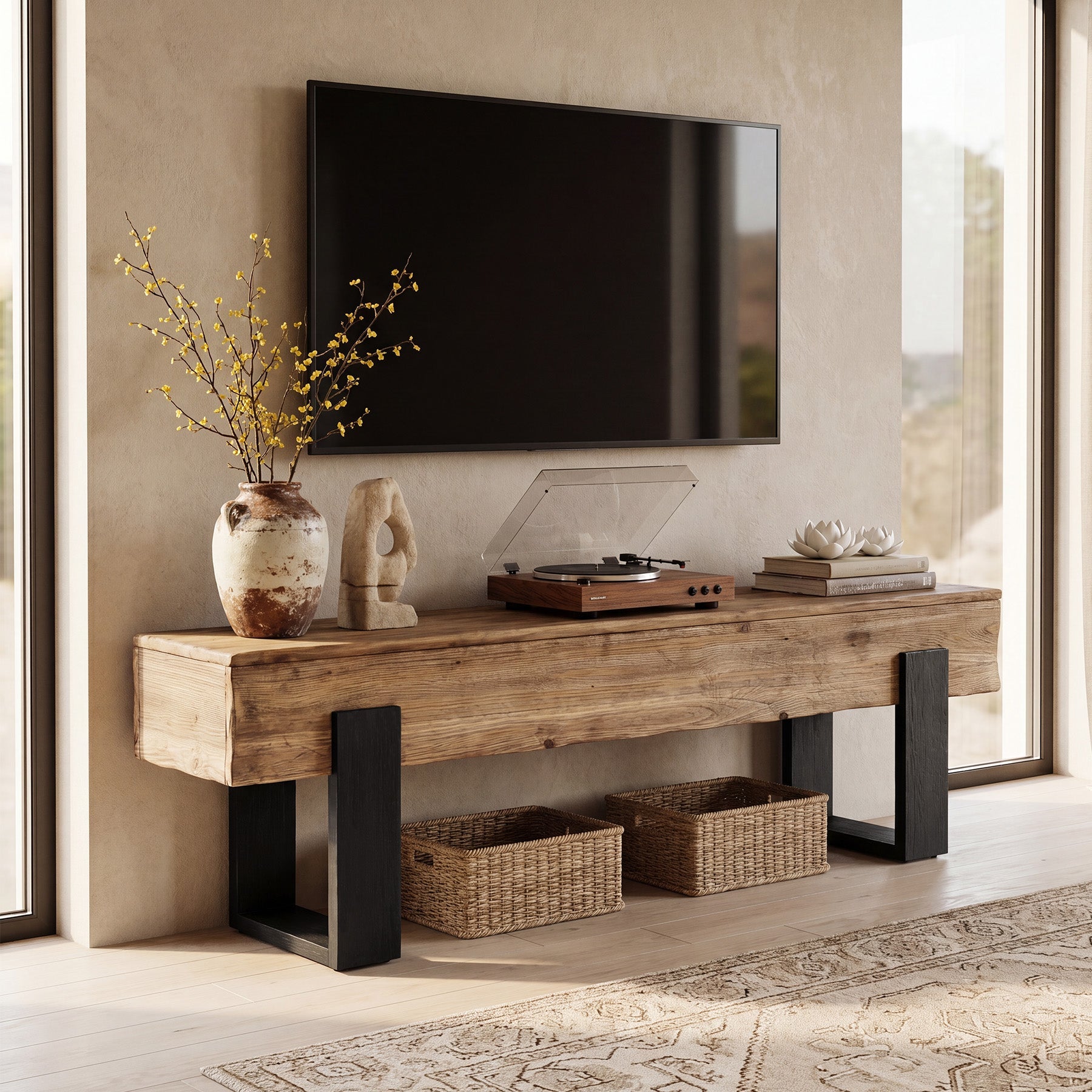 63" Solid Wood TV Stand, Farmhouse Entertainment Center for 55/60/65/75-Inch TVs