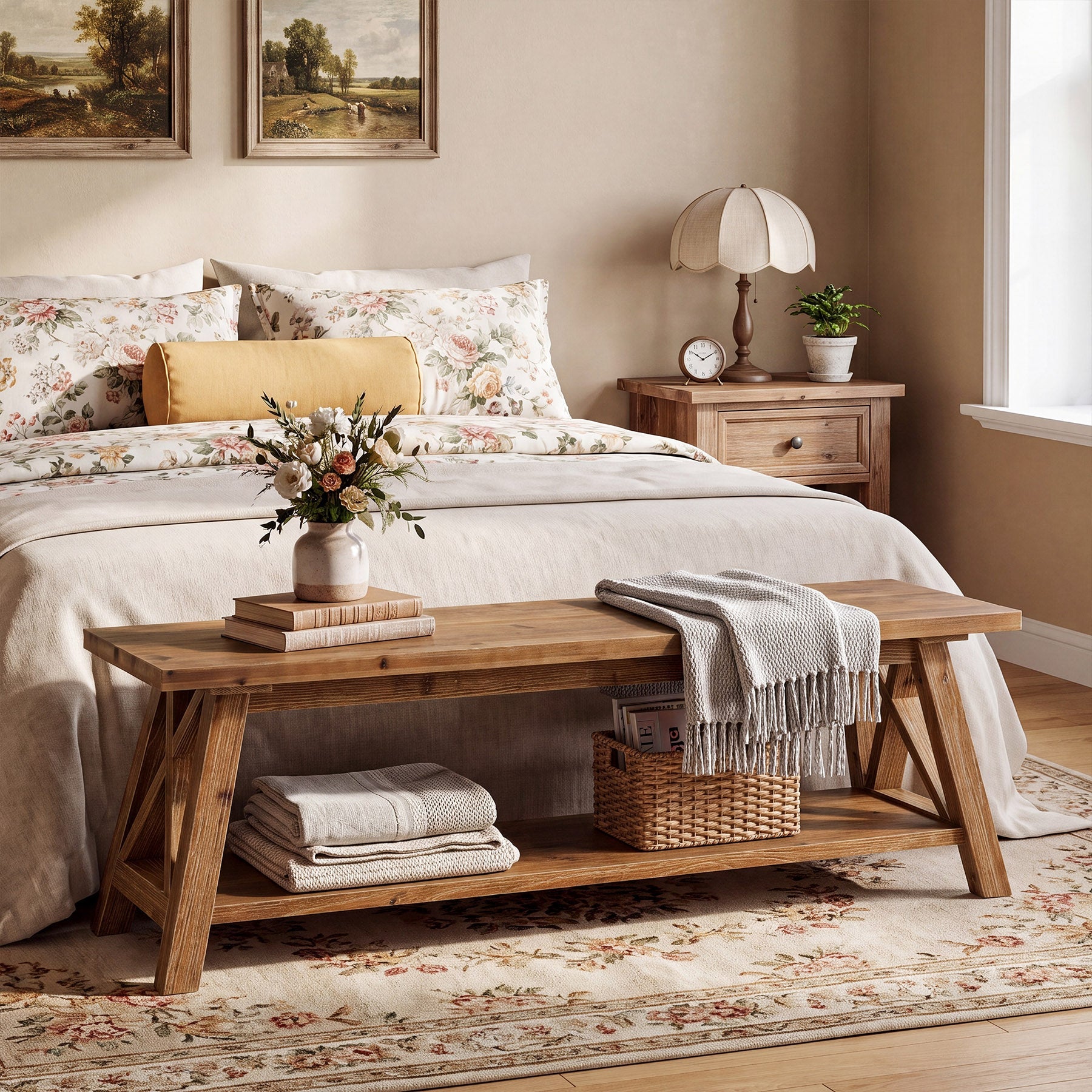 55" Solid Wood Entryway Bench, Farmhouse Shoe Seating with Storage