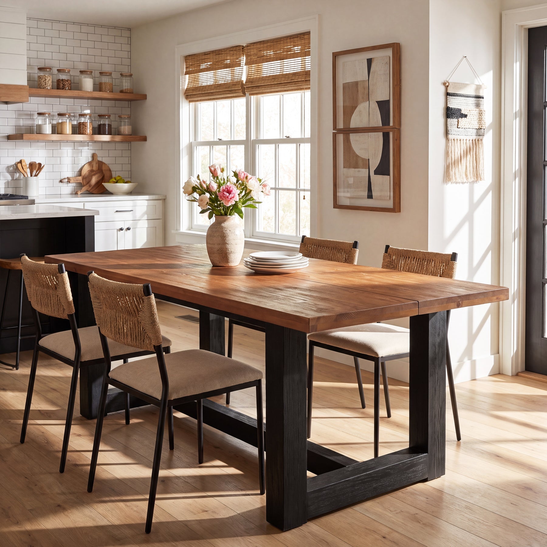63" Rectangle Dining Table, Solid Wood Kitchen Table with Heavy-Duty Legs for 6 People