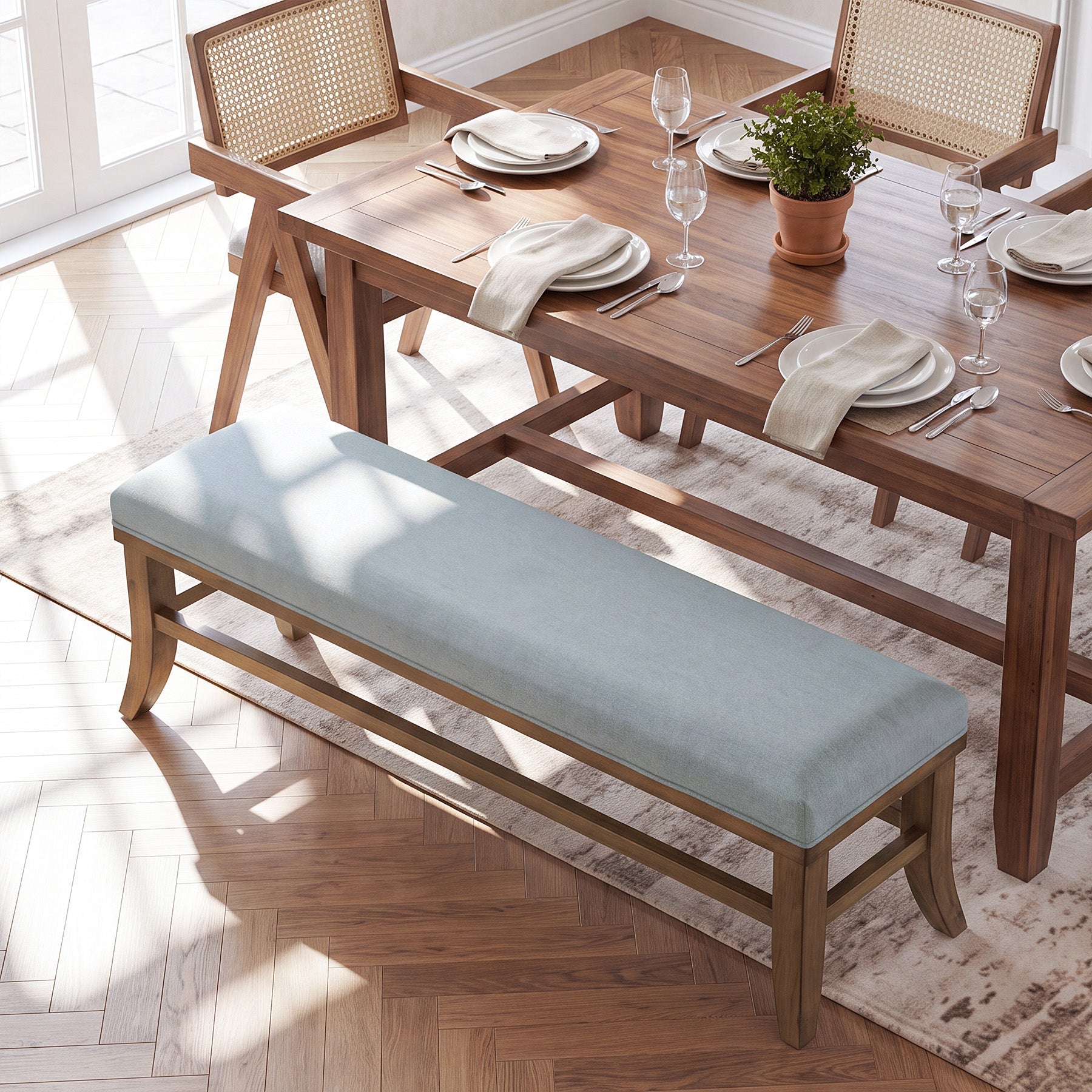 Solid Wood Upholstered Dining Bench, 55" Padded Kitchen Bench Seats 2-3 People