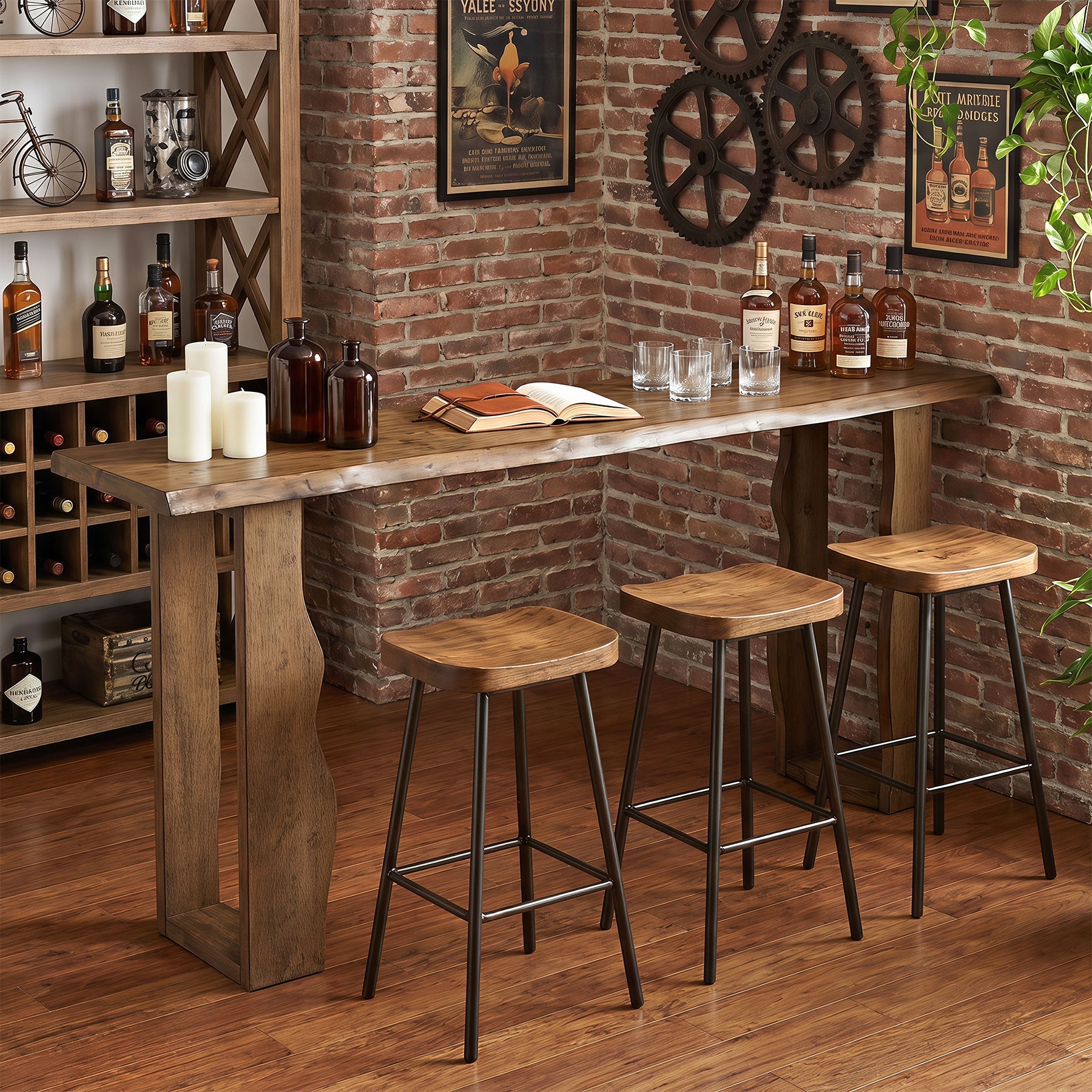 Solid Wood Bar Table with Curved Wave Legs, 70.9" Counter Height Pub Table for Kitchen