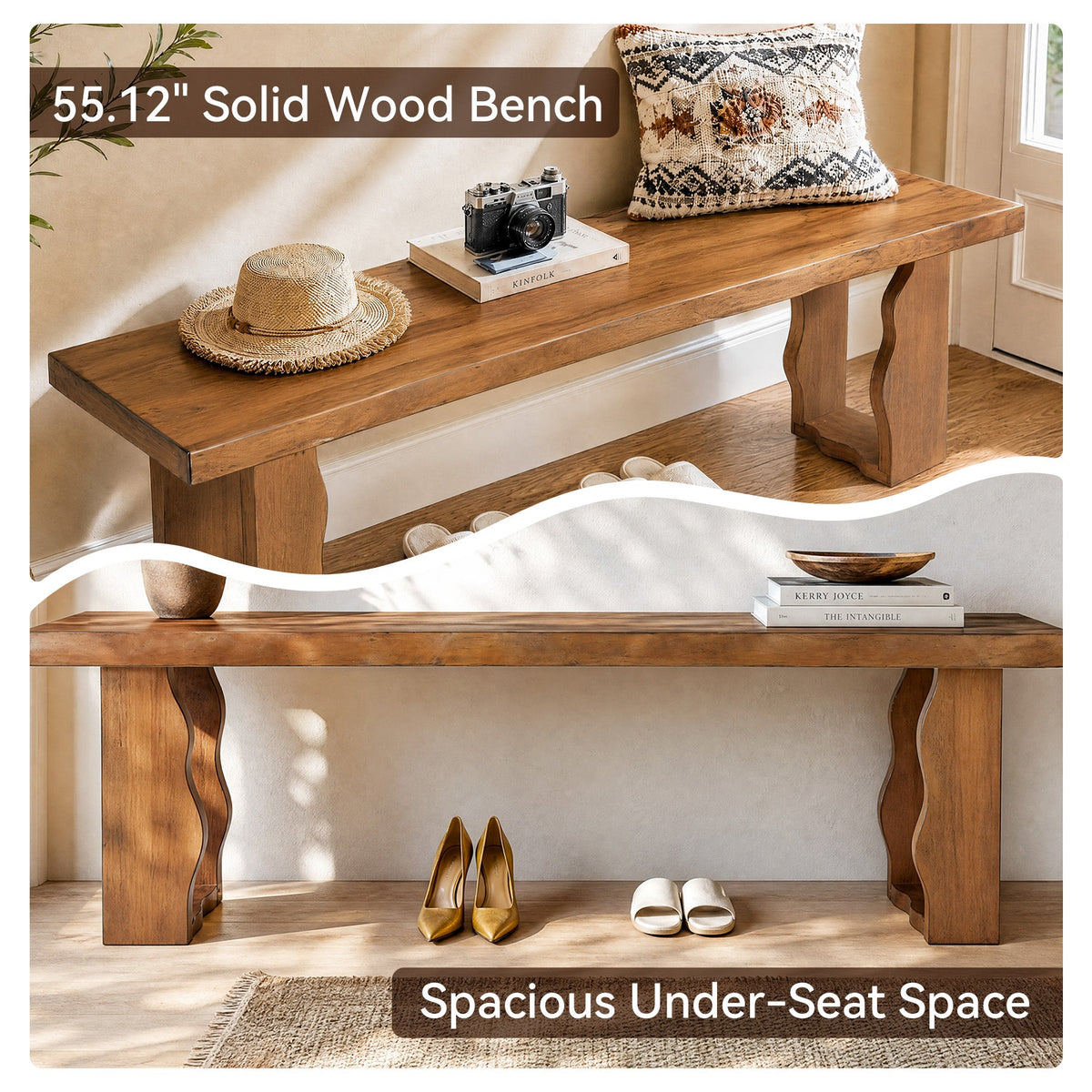 55-Inch Solid Wood Entryway Bench, 350 LB Shoe Bench with Thick Seat for Hallway