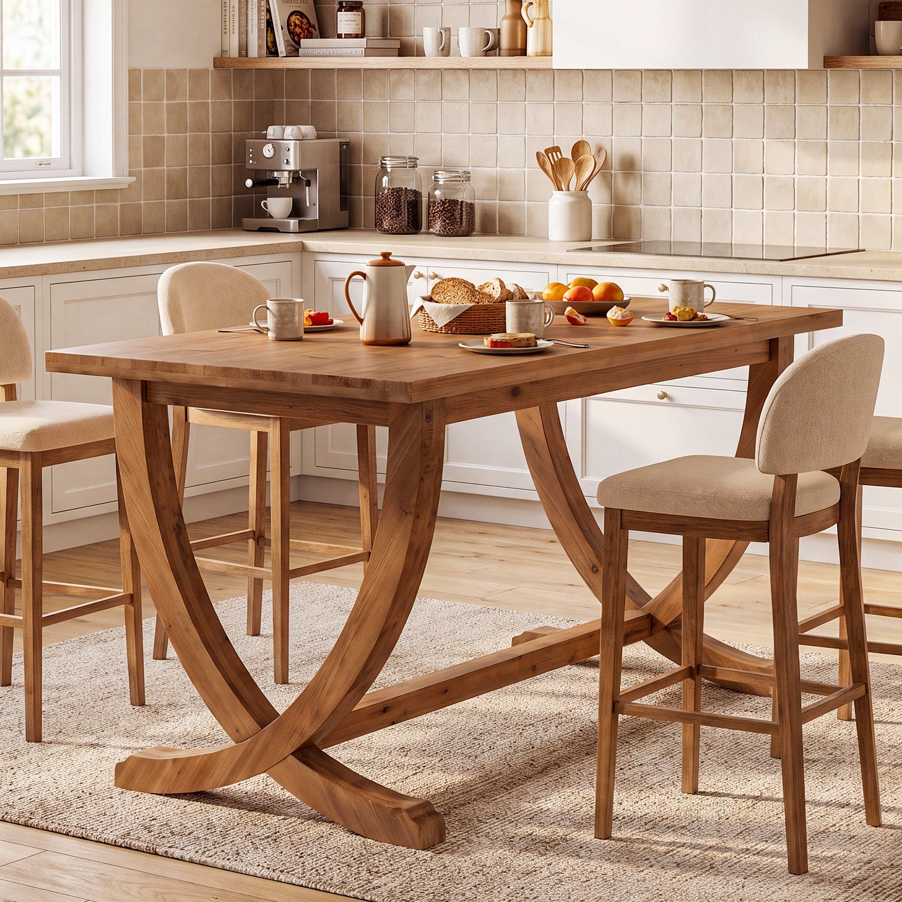 Solid Wood Counter Height Table, 59" Bar Table Farmhouse Dining Table for 4-6