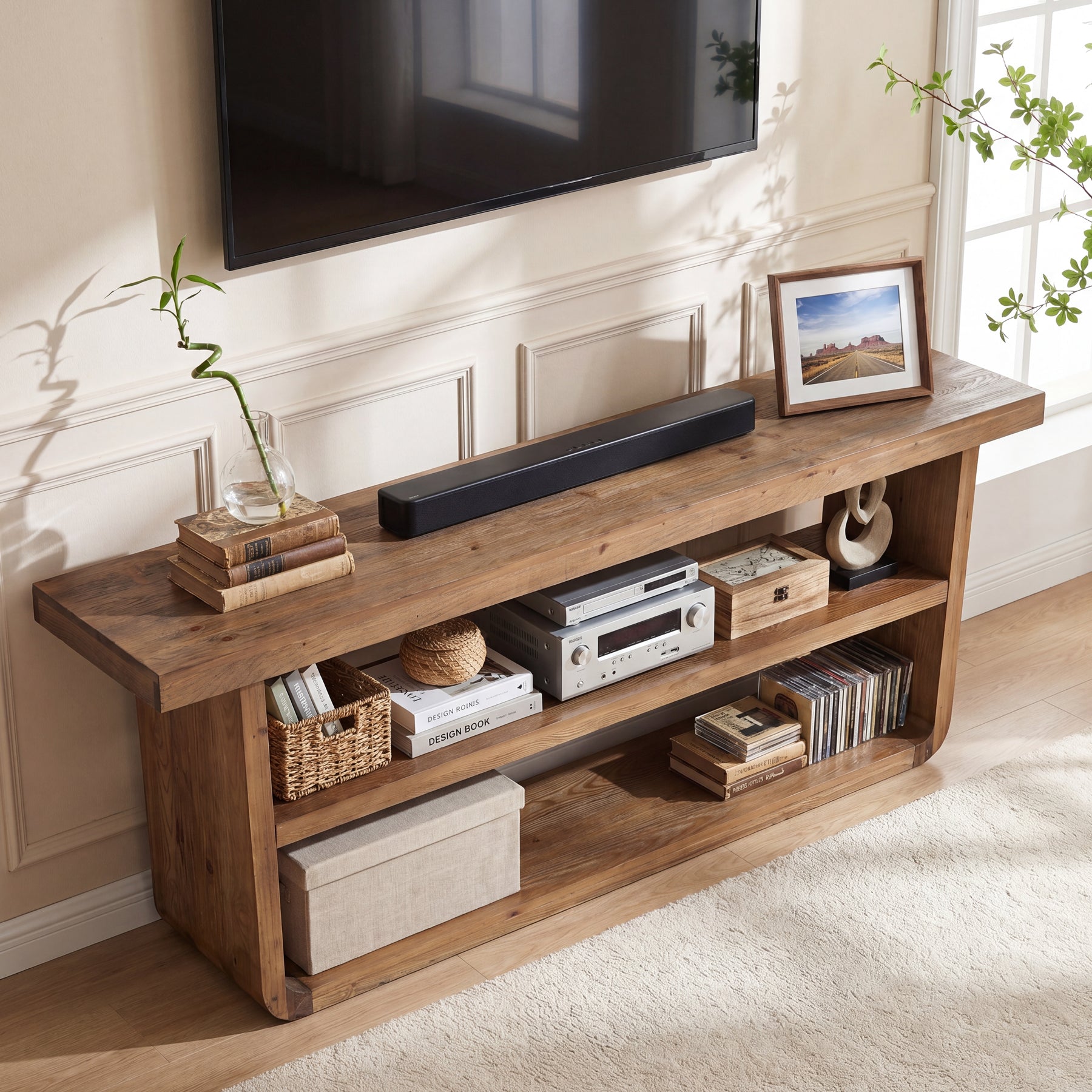 63" Solid Wood TV Stand, 3-Tier Entertainment Center with Storage for 75" TVs