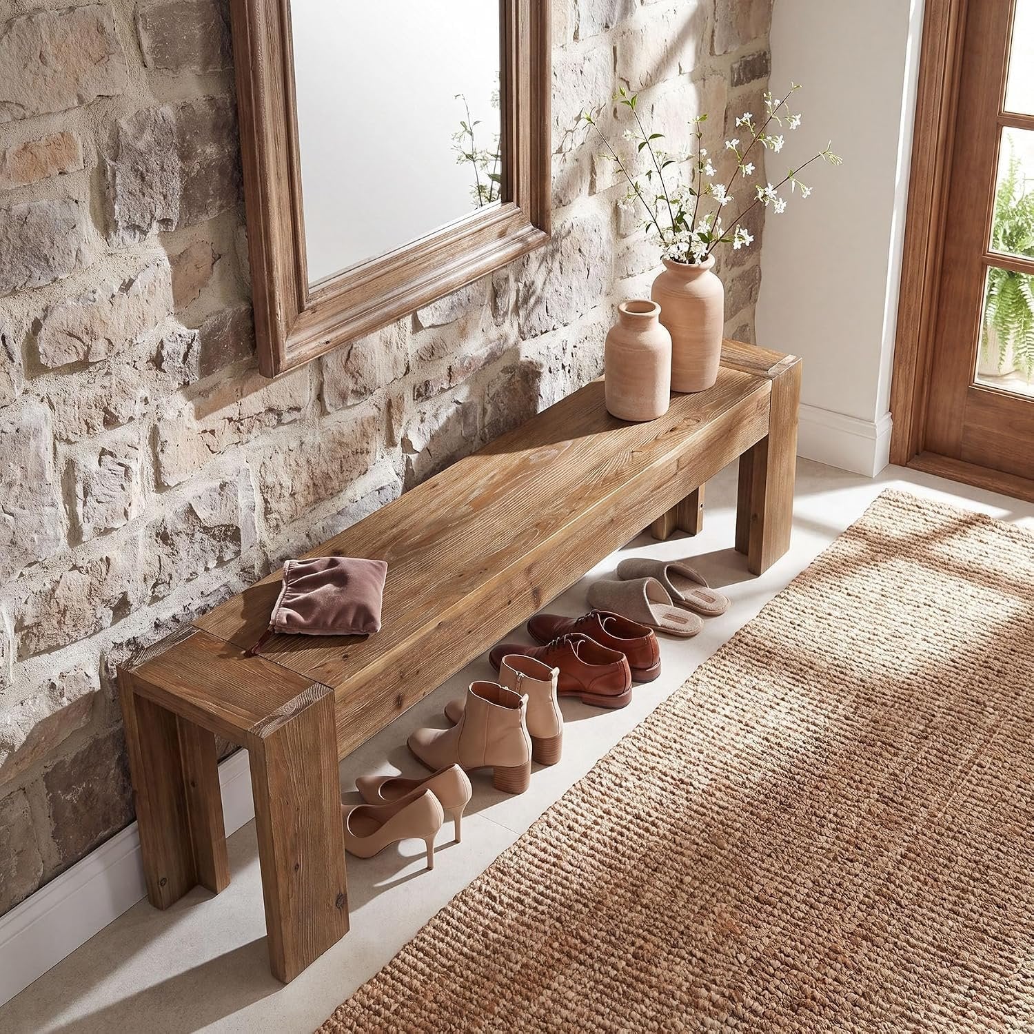 70.87" Solid Wood Entryway Bench, Extra Long Narrow Shoe Bench
