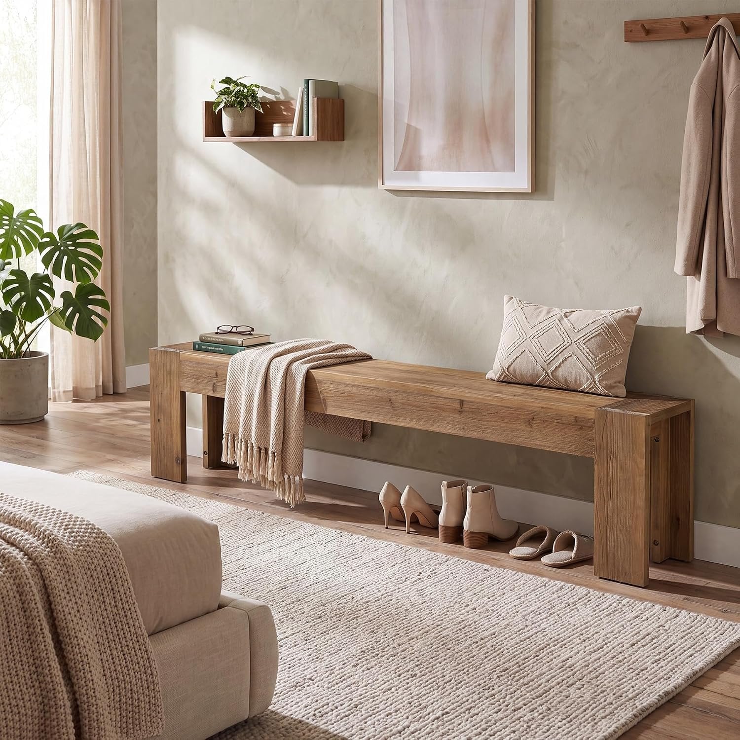 70.87" Solid Wood Entryway Bench, Extra Long Narrow Shoe Bench