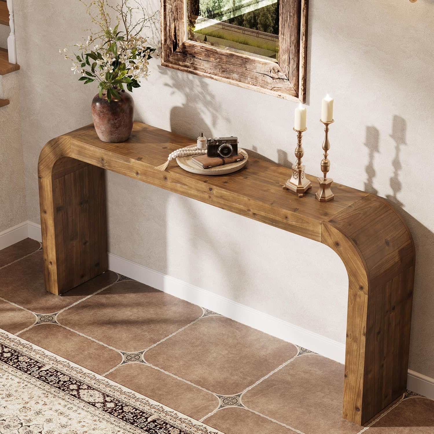70.8" Console Table, Solid Wood Sofa Table with Curved Corners